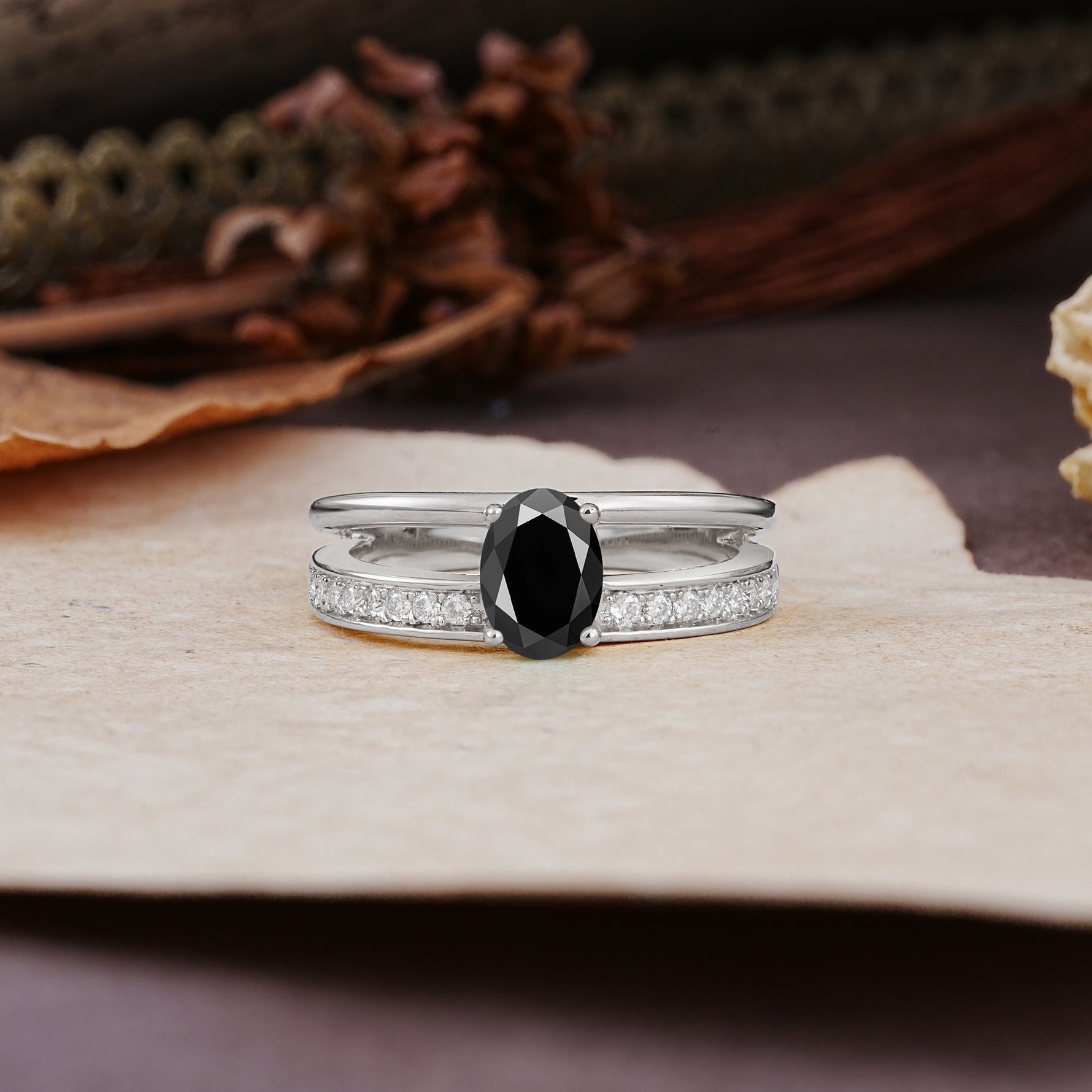 Luxurious Double-Row Pavé, 4-Prong, Oval Cut Black Onyx Engagement Ring - Additional view