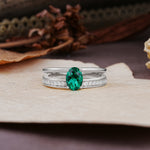 Luxurious Double-Row Pavé, 4-Prong, Oval Cut Emerald Engagement Ring - Additional view
