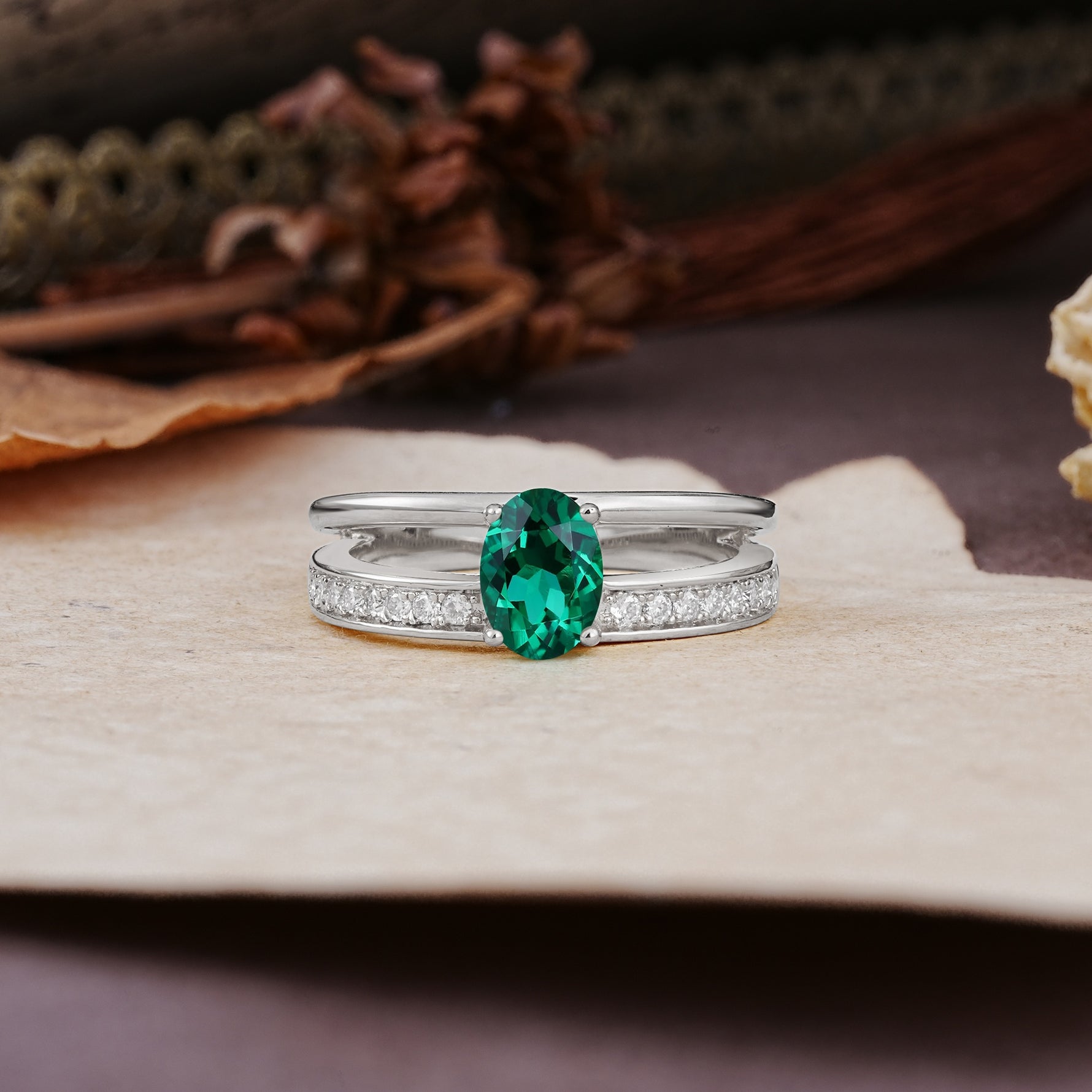 Luxurious Double-Row Pavé, 4-Prong, Oval Cut Emerald Engagement Ring - Additional view