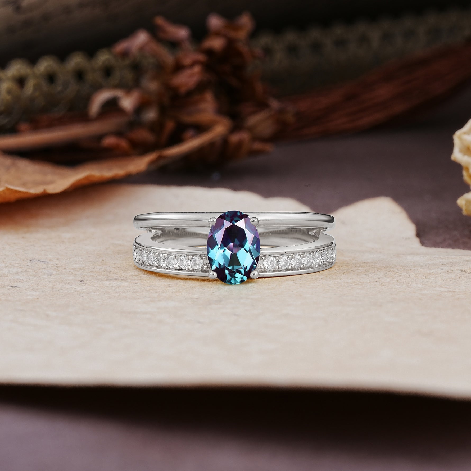Luxurious Double-Row Pavé, 4-Prong, Oval Cut Alexandrite Engagement Ring - Additional view