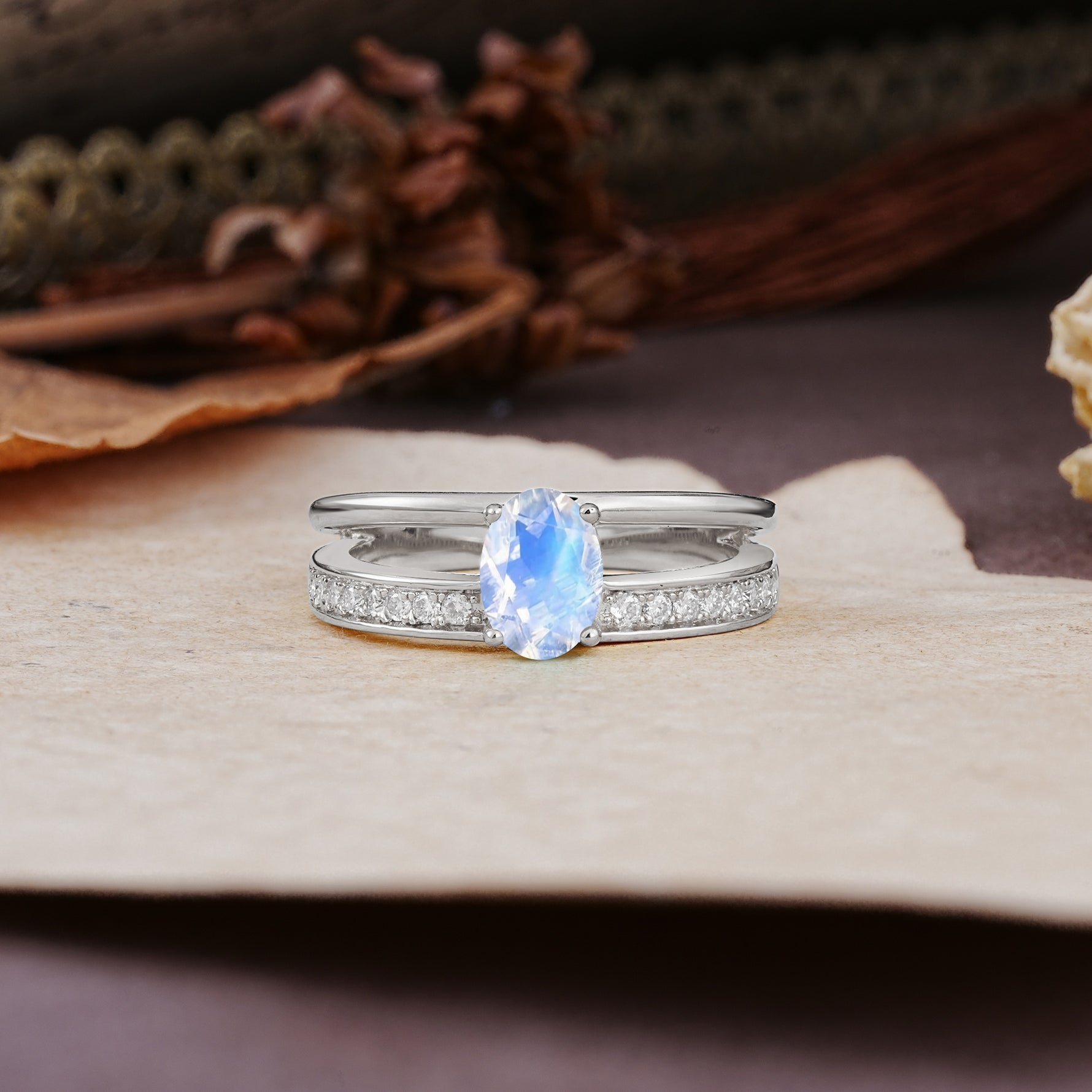 Luxurious Double-Row Pavé, 4-Prong, Oval Cut Moonstone Engagement Ring - Additional view