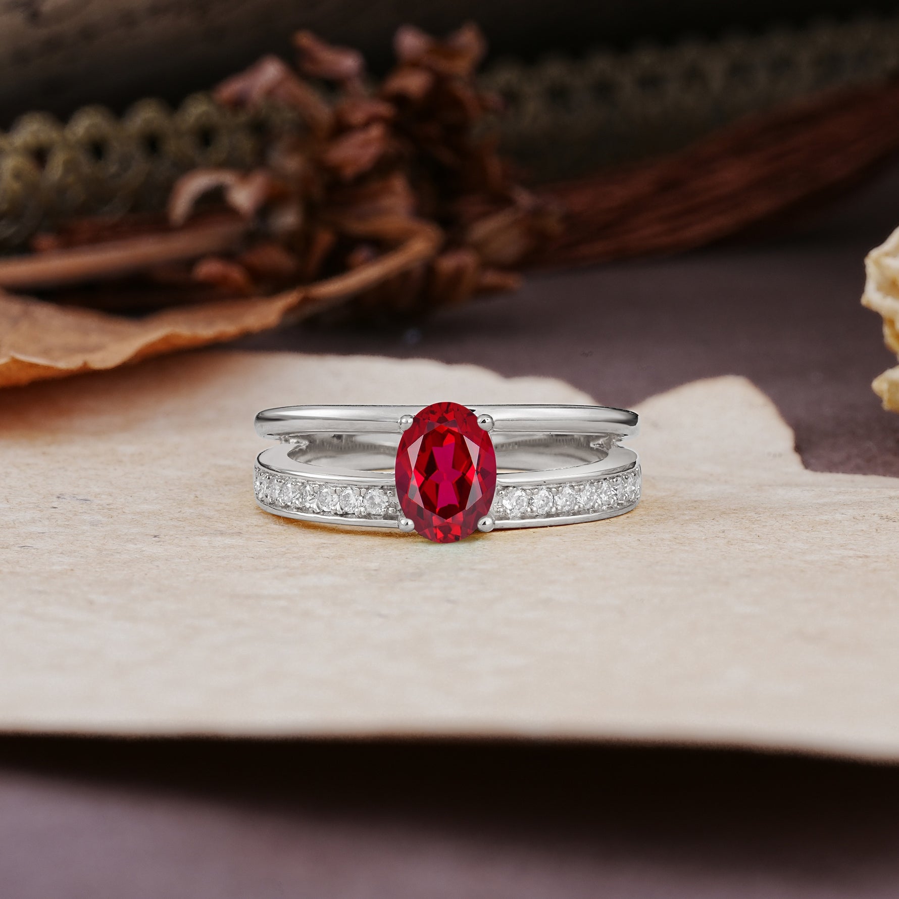 Luxurious Double-Row Pavé, 4-Prong, Oval Cut Ruby Engagement Ring - Additional view