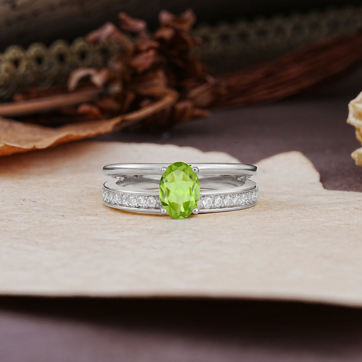 Luxurious Double-Row Pavé, 4-Prong, Oval Cut Peridot Engagement Ring - Additional view