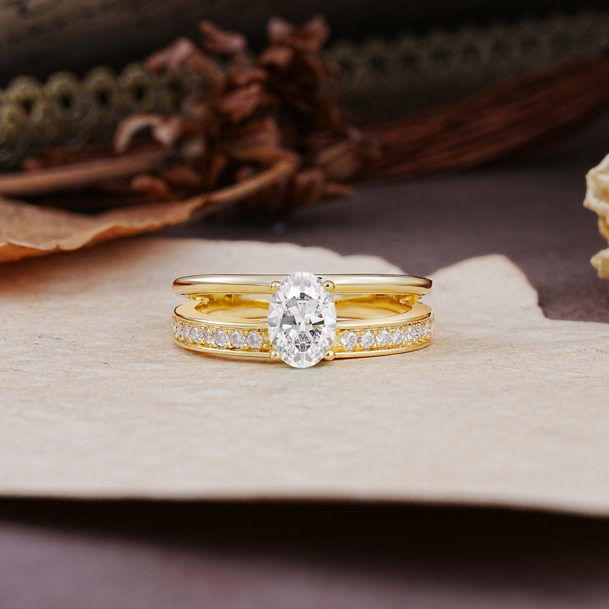 Luxurious Double-Row Pavé, 4-Prong, Oval Cut Moissanite Engagement Ring - Additional view