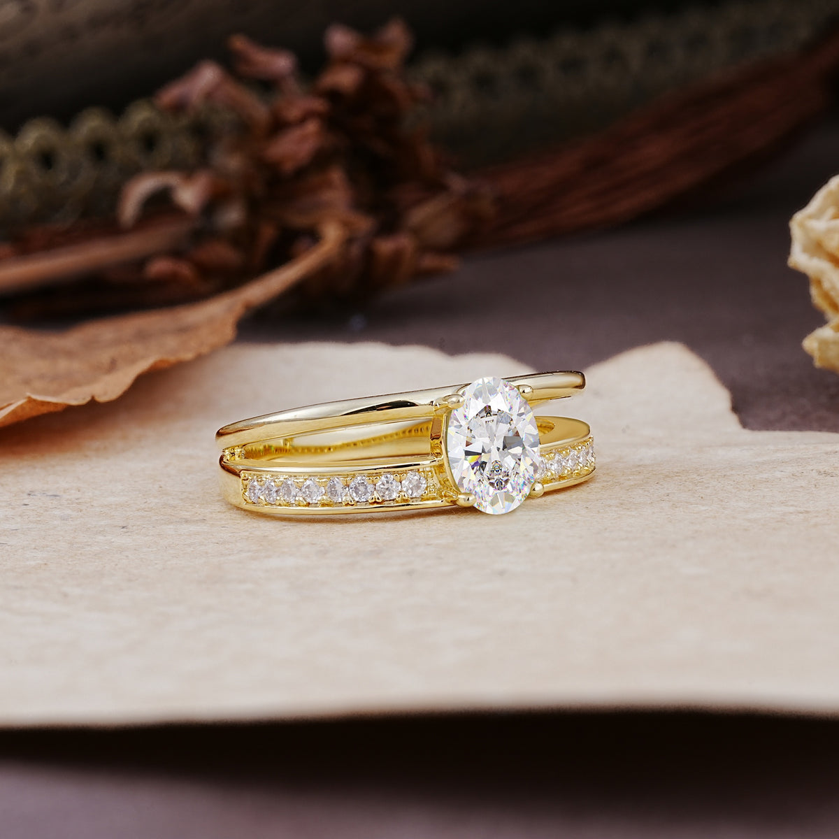 Luxurious Double-Row Pavé, 4-Prong, Oval Cut Moissanite Engagement Ring - Additional view