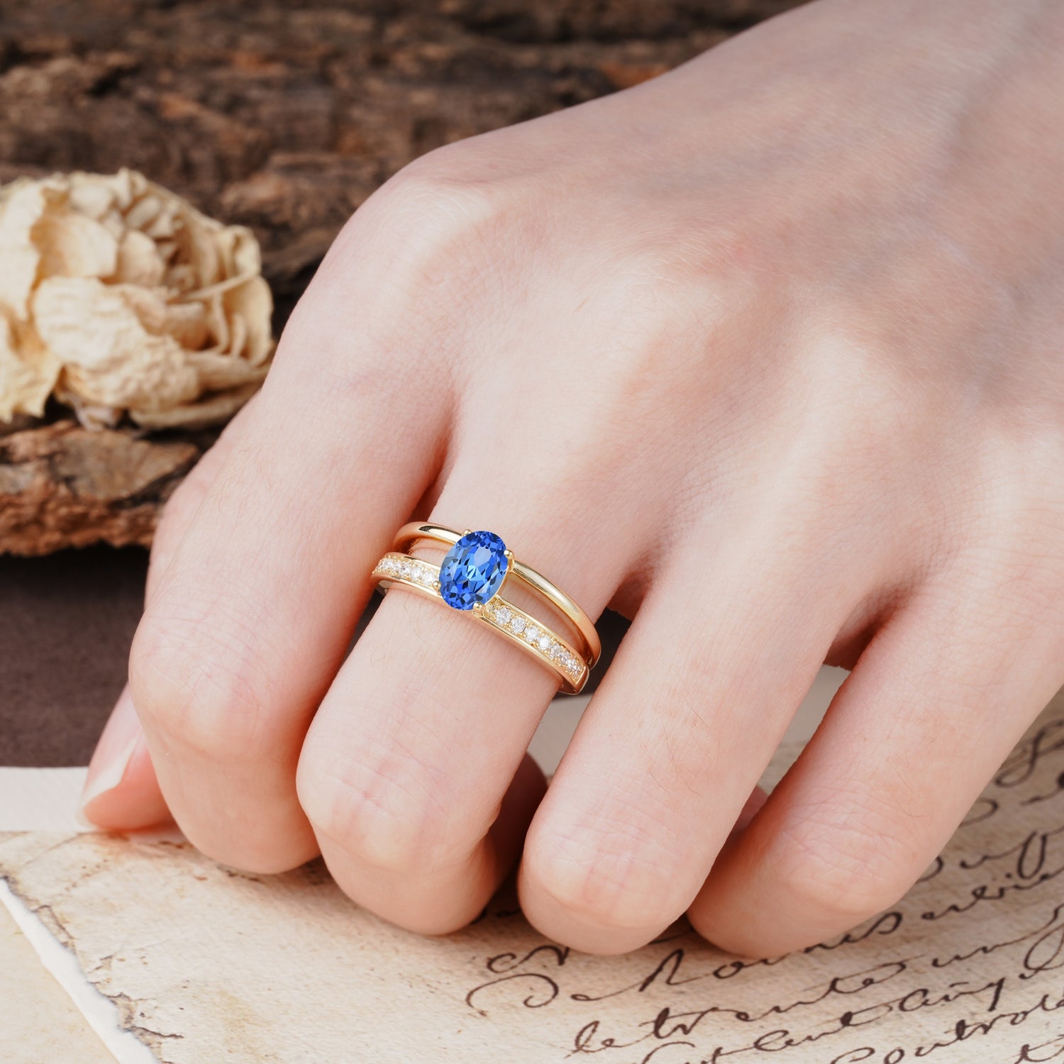 Luxurious Double-Row Pavé, 4-Prong, Oval Cut Sapphire Engagement Ring - Additional view