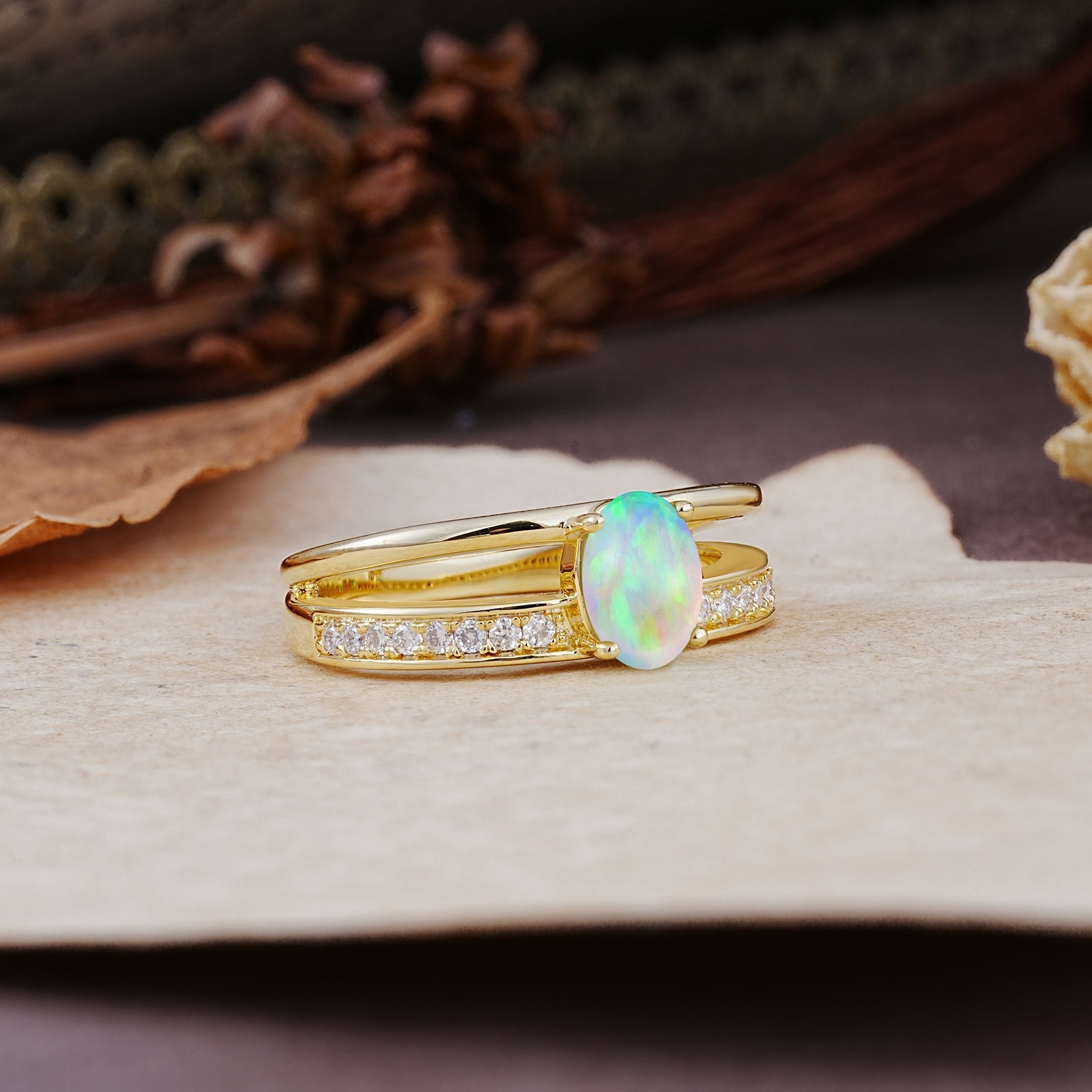 Luxurious Double-Row Pavé, 4-Prong, Oval Cut Fire Opal Engagement Ring - Additional view