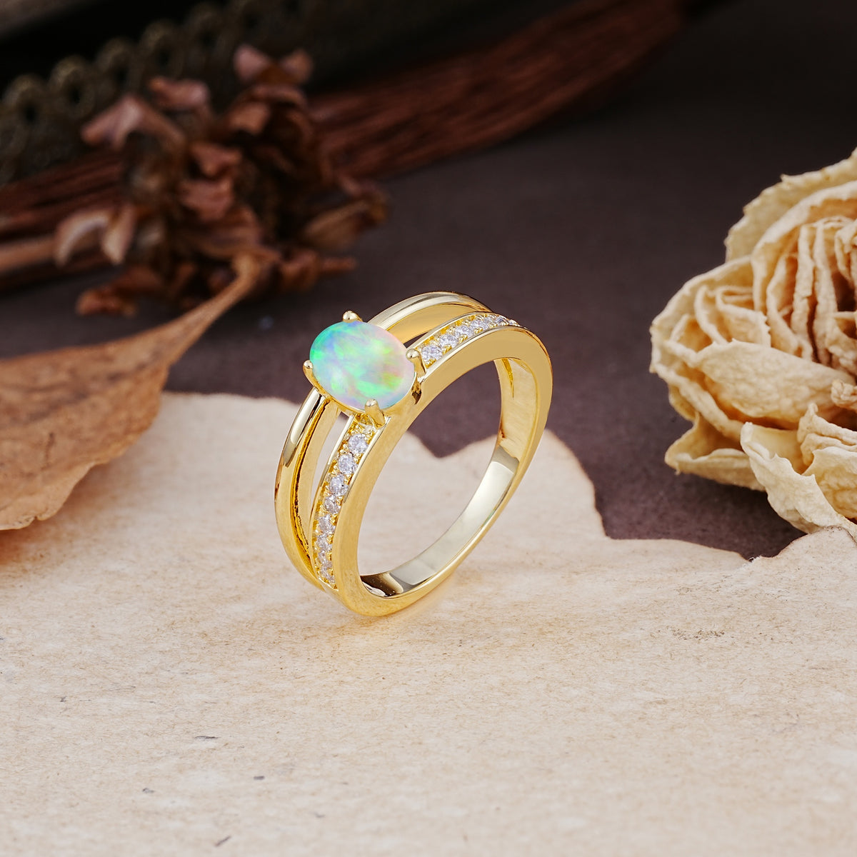 Luxurious Double-Row Pavé, 4-Prong, Oval Cut Fire Opal Engagement Ring - Additional view