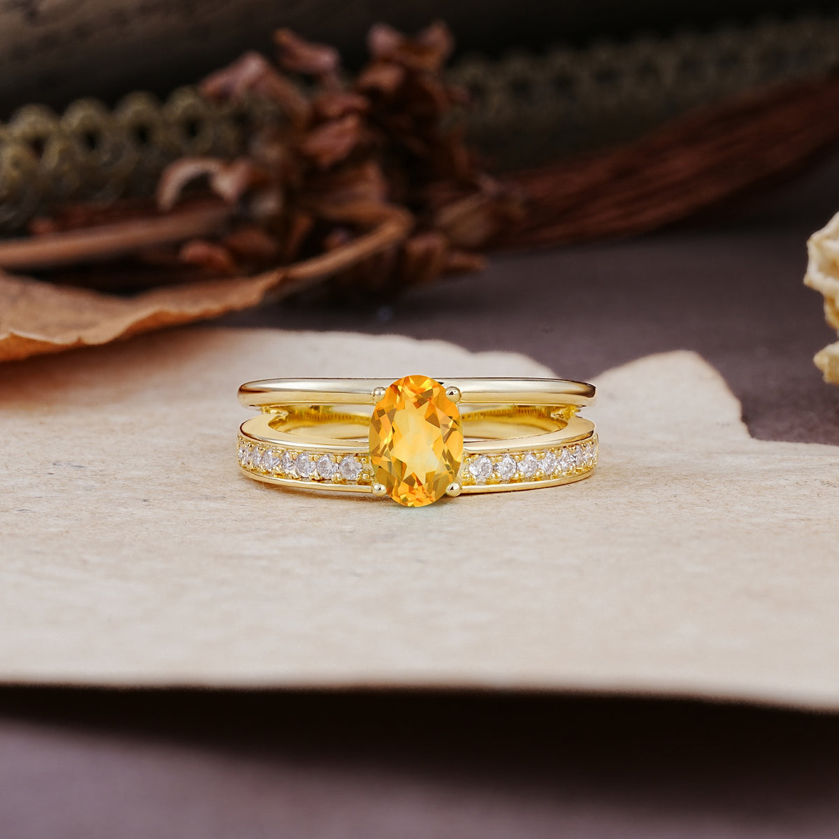 Luxurious Double-Row Pavé, 4-Prong, Oval Cut Citrine Engagement Ring - Additional view