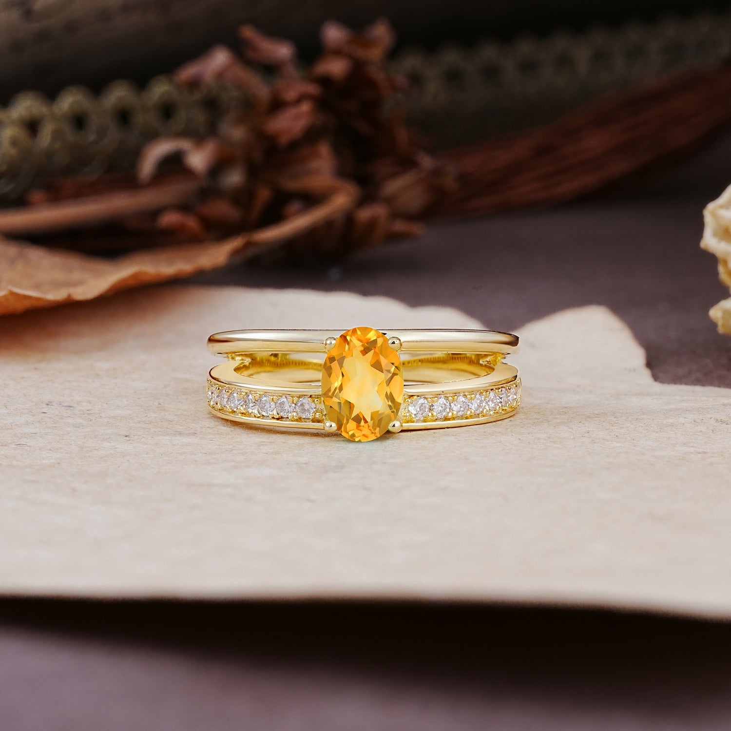 Luxurious Double-Row Pavé, 4-Prong, Oval Cut Citrine Engagement Ring - Additional view