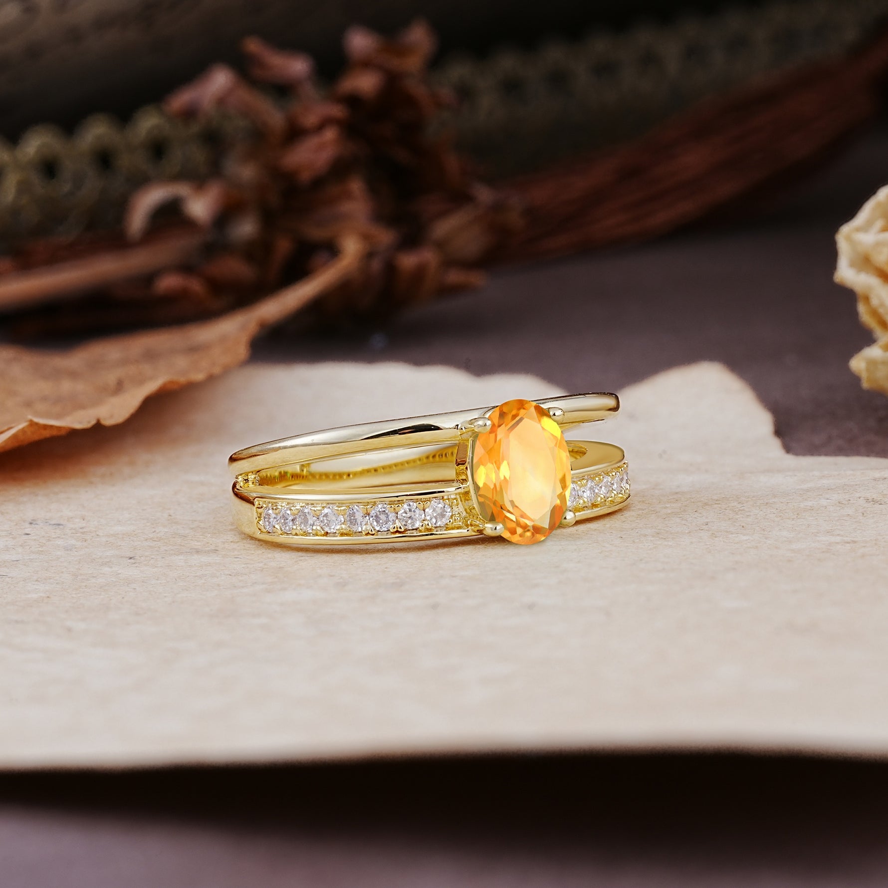 Luxurious Double-Row Pavé, 4-Prong, Oval Cut Citrine Engagement Ring - Additional view