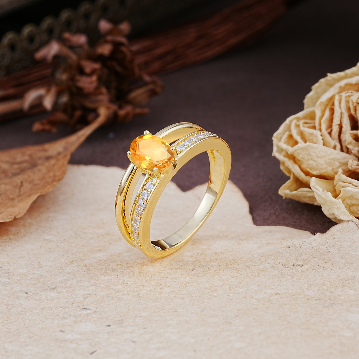 Luxurious Double-Row Pavé, 4-Prong, Oval Cut Citrine Engagement Ring - Additional view