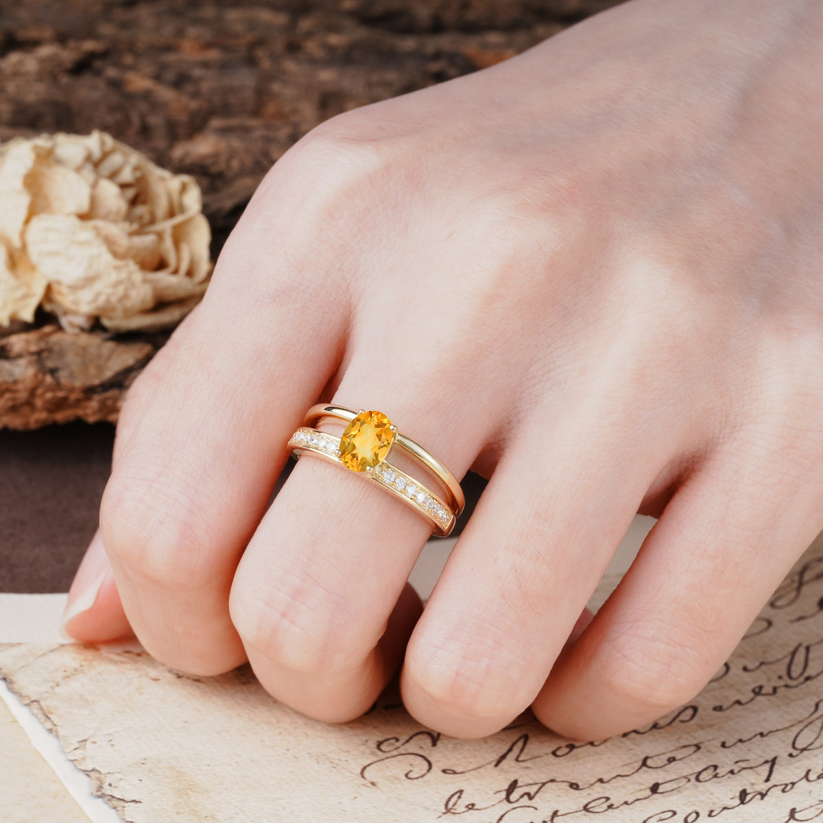 Luxurious Double-Row Pavé, 4-Prong, Oval Cut Citrine Engagement Ring - Additional view