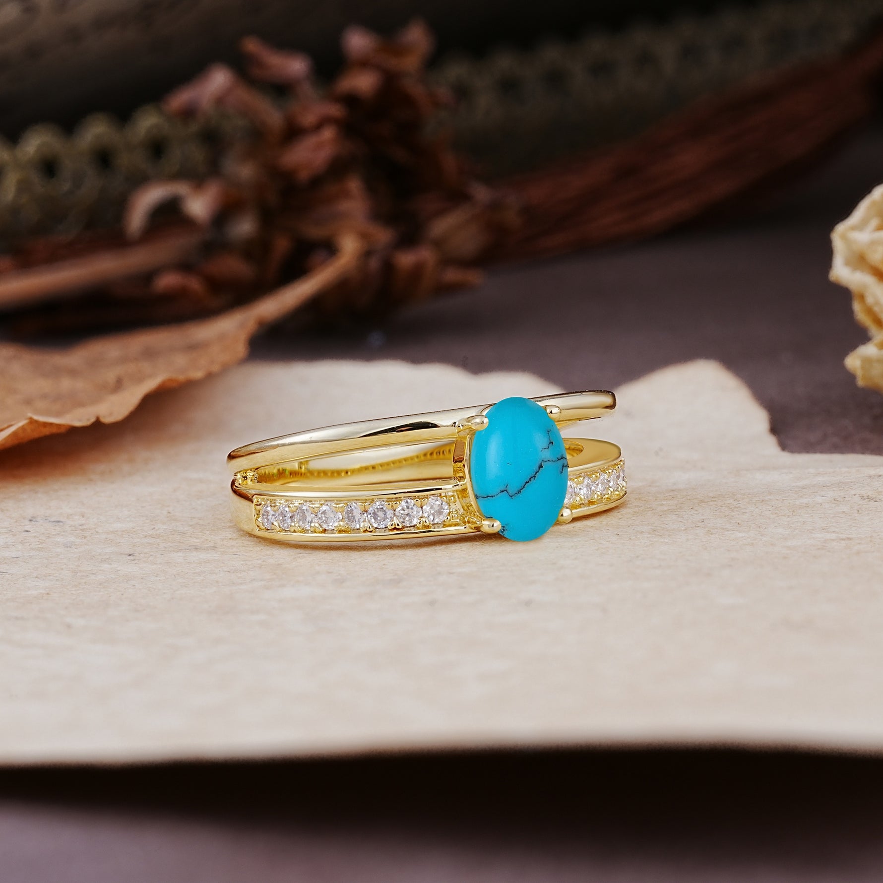 Luxurious Double-Row Pavé, 4-Prong, Oval Cut Turquoise Engagement Ring - Additional view