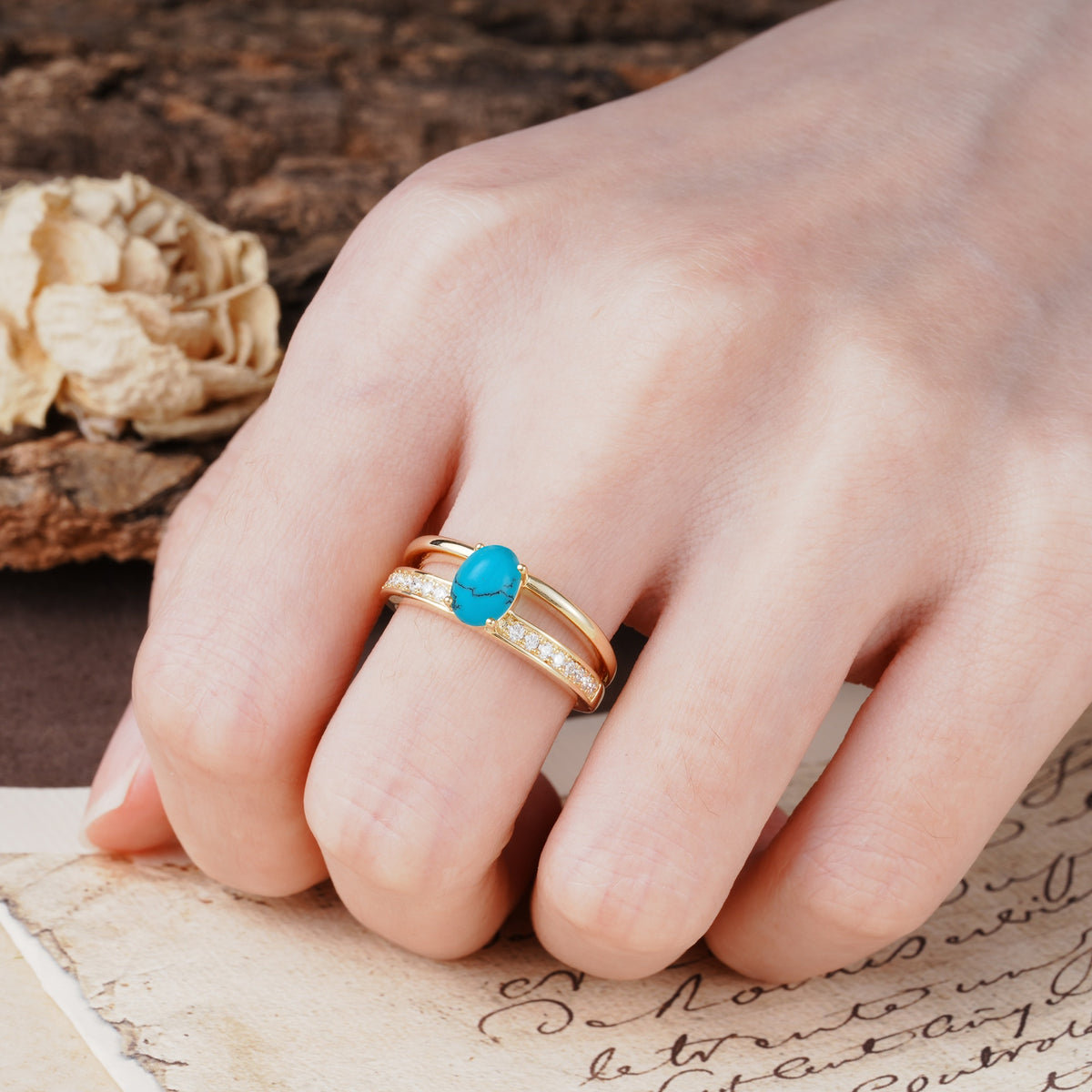 Luxurious Double-Row Pavé, 4-Prong, Oval Cut Turquoise Engagement Ring - Additional view