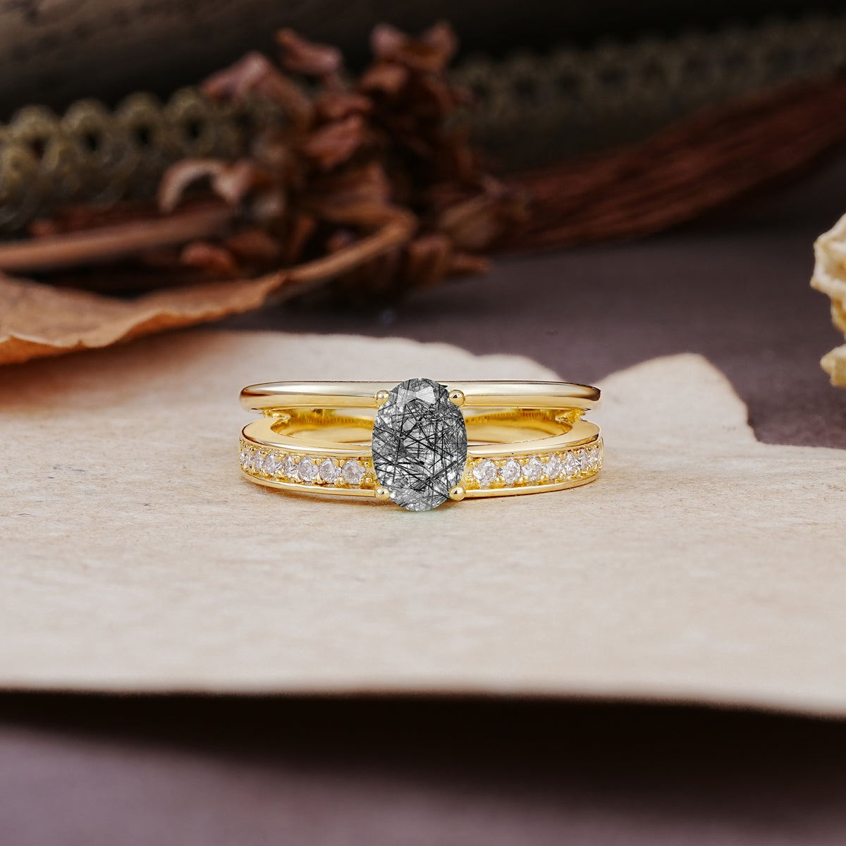Luxurious Double-Row Pavé, 4-Prong, Oval Cut Black Rutilated Quartz Engagement Ring - Additional view