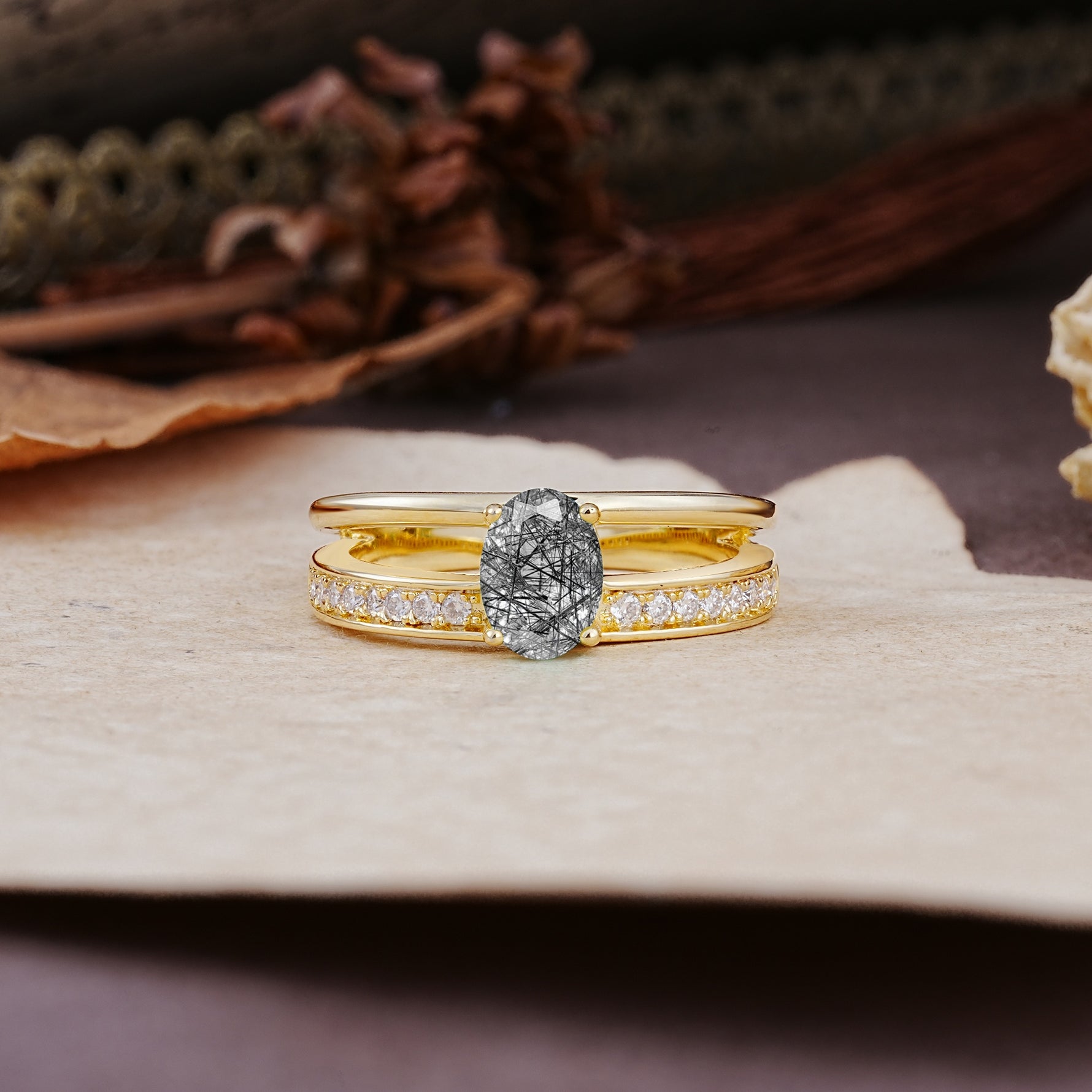 Luxurious Double-Row Pavé, 4-Prong, Oval Cut Black Rutilated Quartz Engagement Ring - Additional view