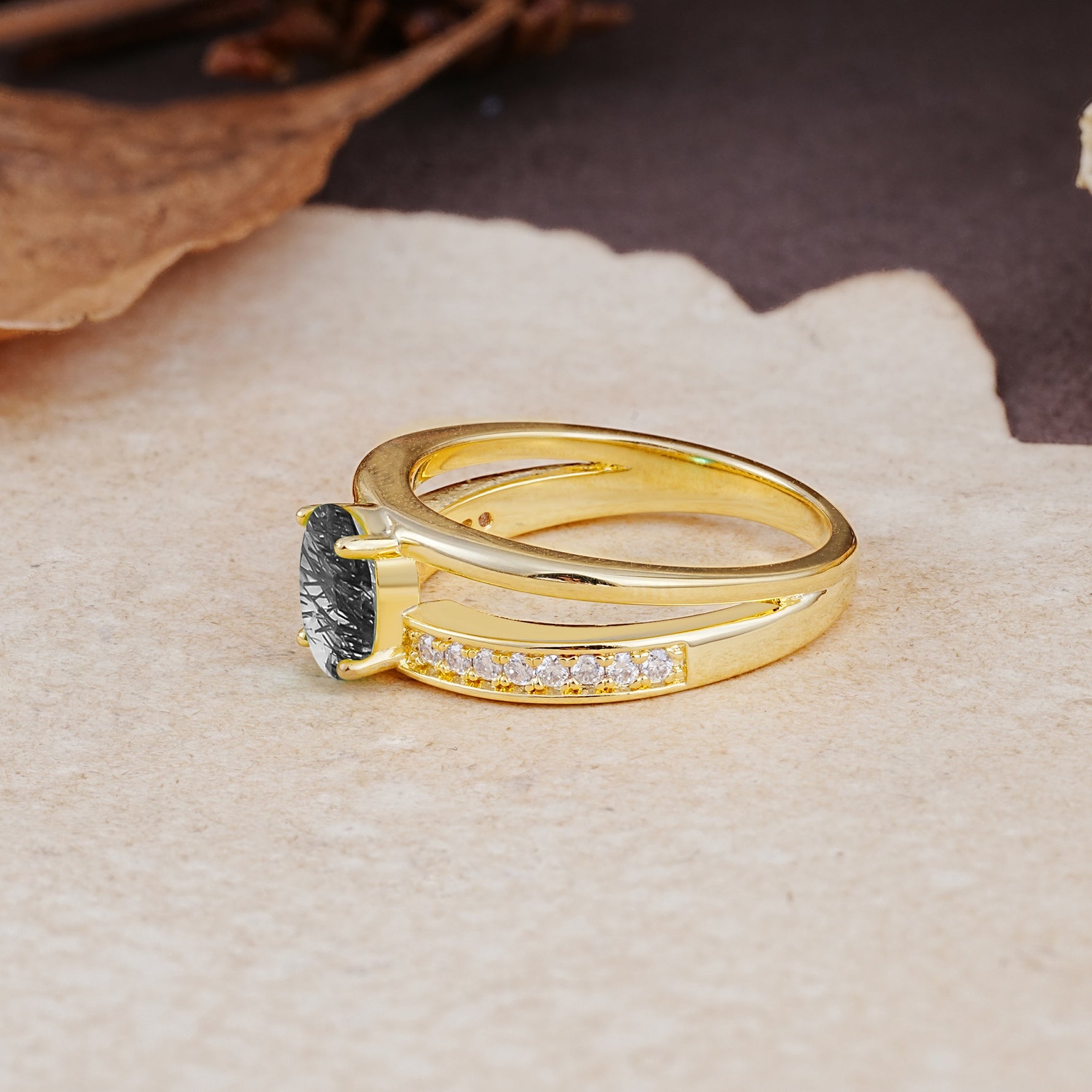 Luxurious Double-Row Pavé, 4-Prong, Oval Cut Black Rutilated Quartz Engagement Ring - Additional view