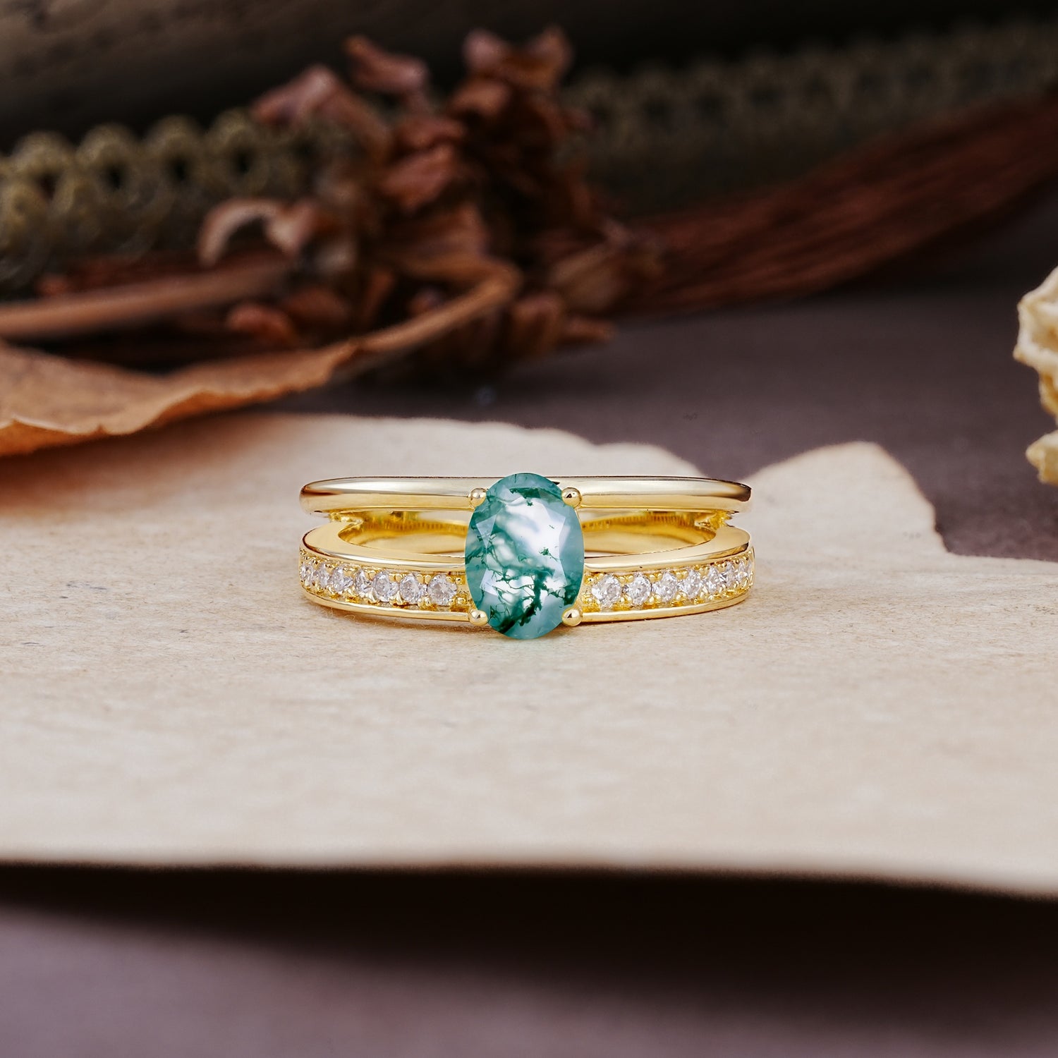 Luxurious Double-Row Pavé, 4-Prong, Oval Cut Moss Agate Engagement Ring - Additional view