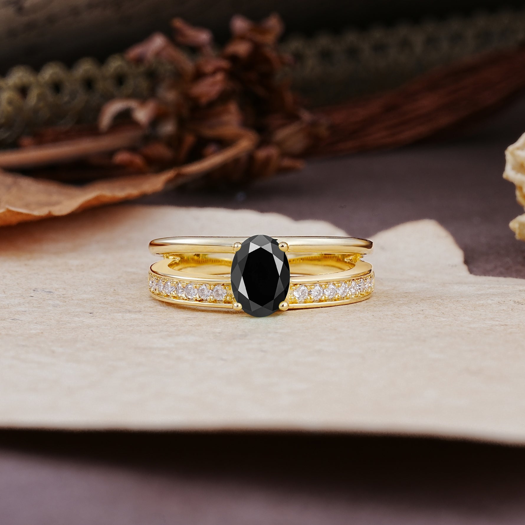 Luxurious Double-Row Pavé, 4-Prong, Oval Cut Black Onyx Engagement Ring - Additional view