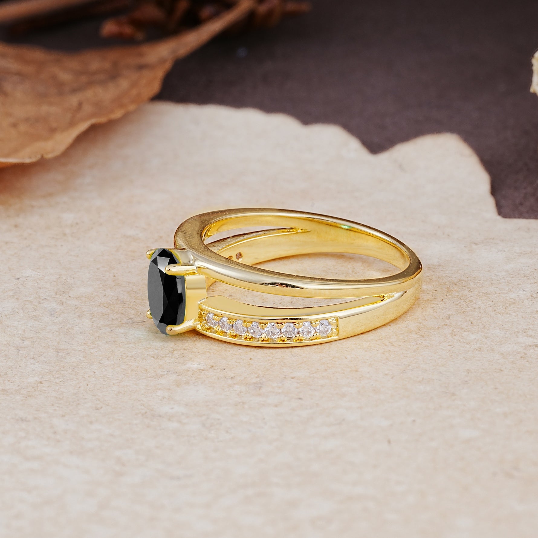 Luxurious Double-Row Pavé, 4-Prong, Oval Cut Black Onyx Engagement Ring - Additional view