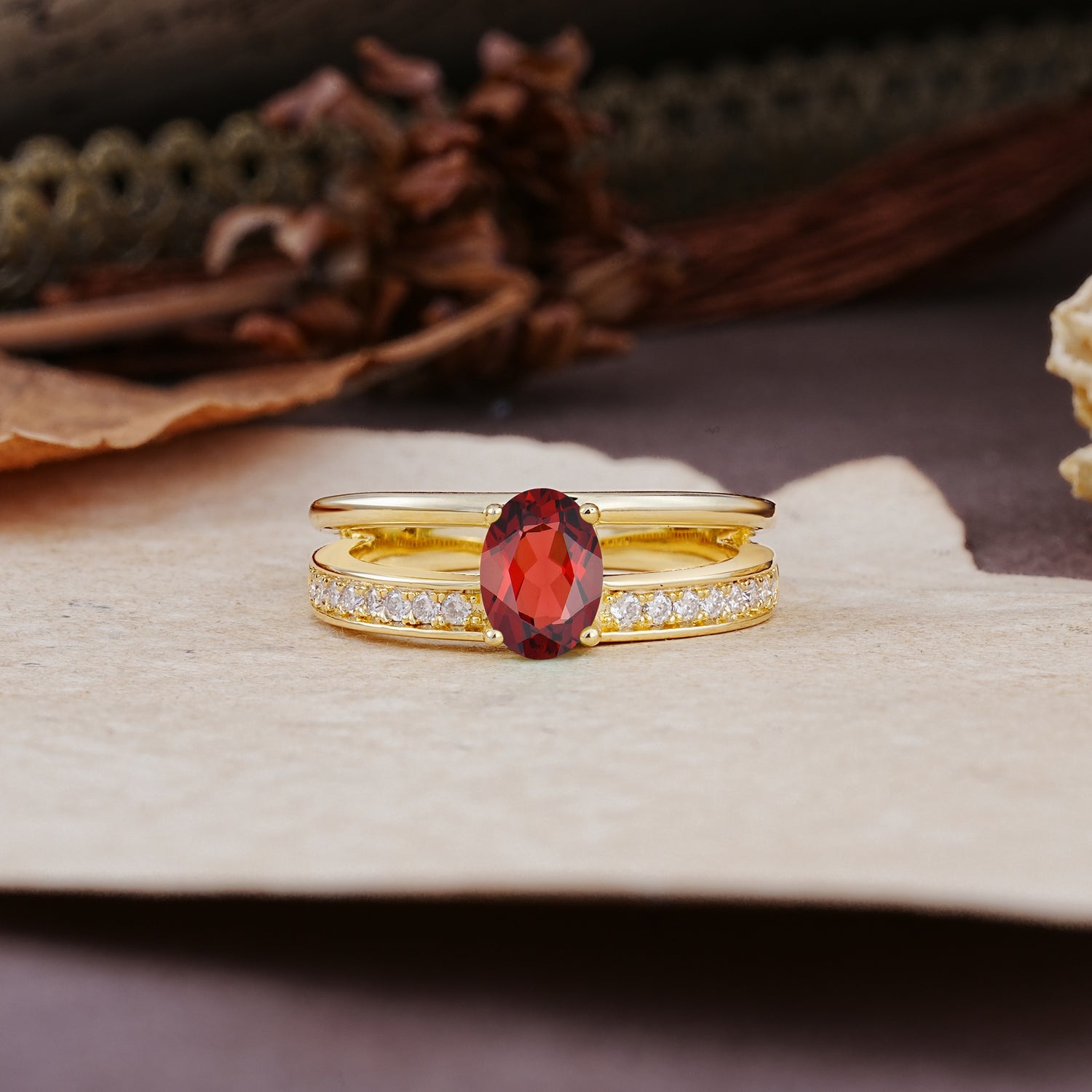 Luxurious Double-Row Pavé, 4-Prong, Oval Cut Garnet Engagement Ring - Additional view