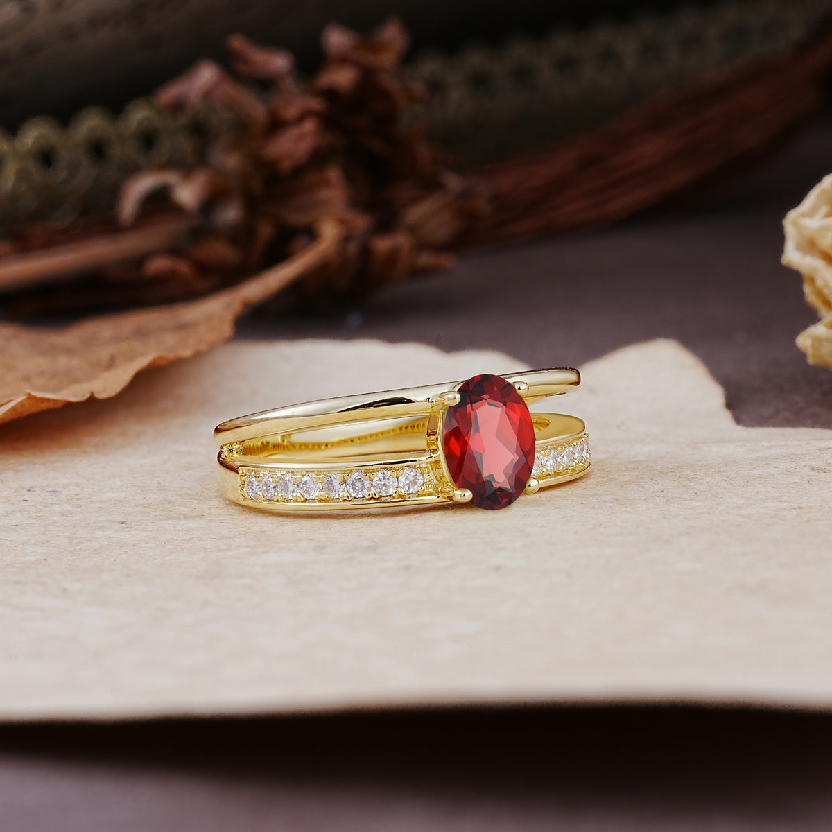 Luxurious Double-Row Pavé, 4-Prong, Oval Cut Garnet Engagement Ring - Additional view