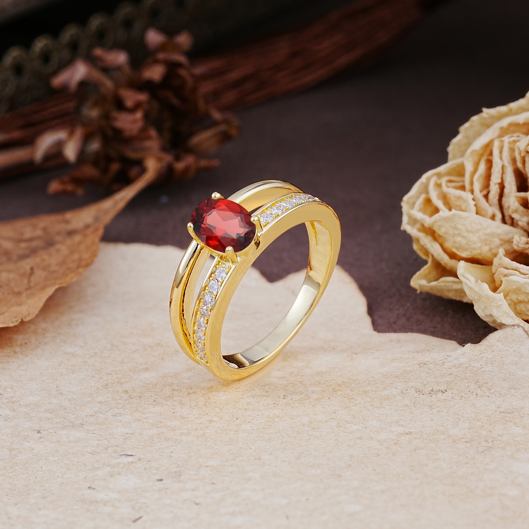 Luxurious Double-Row Pavé, 4-Prong, Oval Cut Garnet Engagement Ring - Additional view