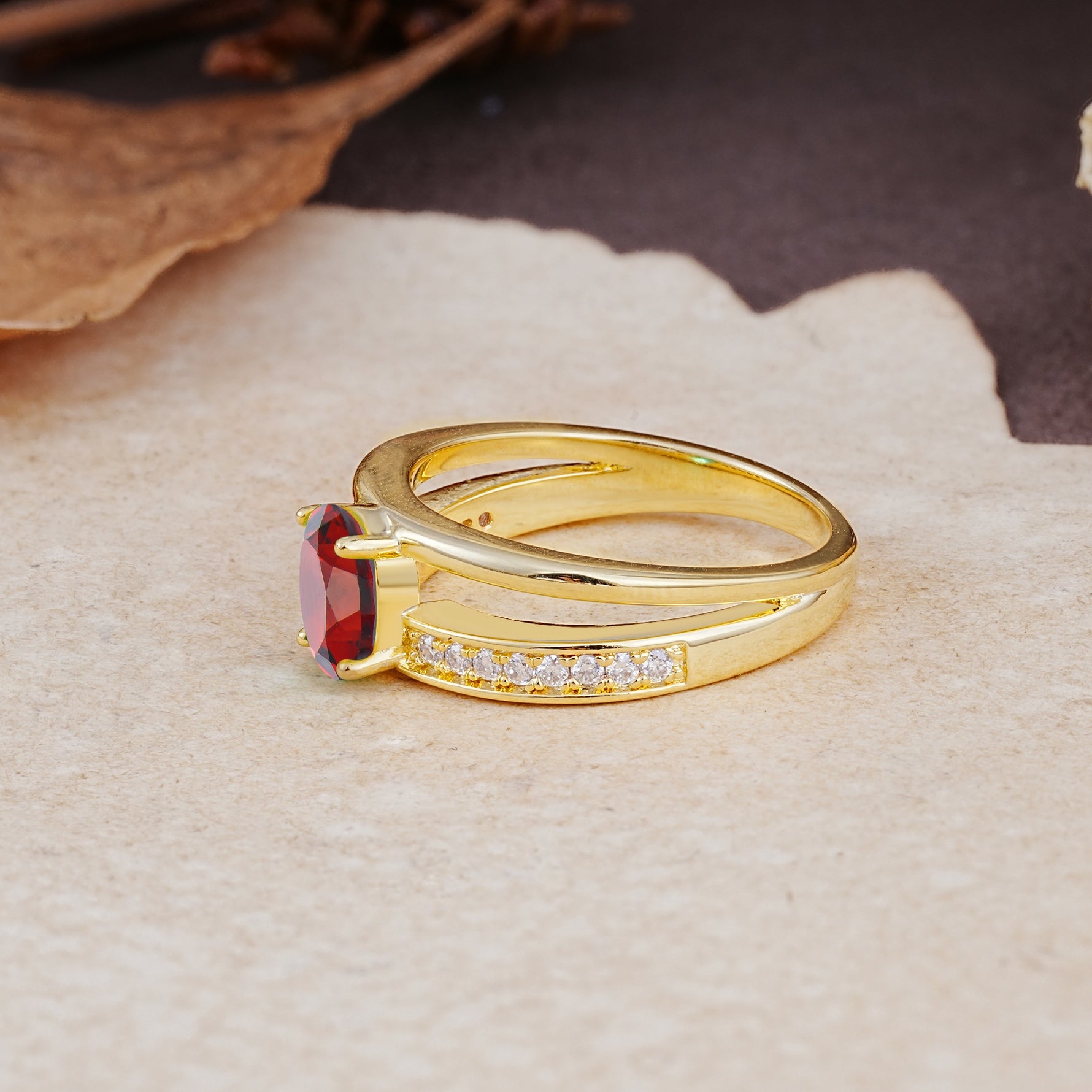 Luxurious Double-Row Pavé, 4-Prong, Oval Cut Garnet Engagement Ring - Additional view