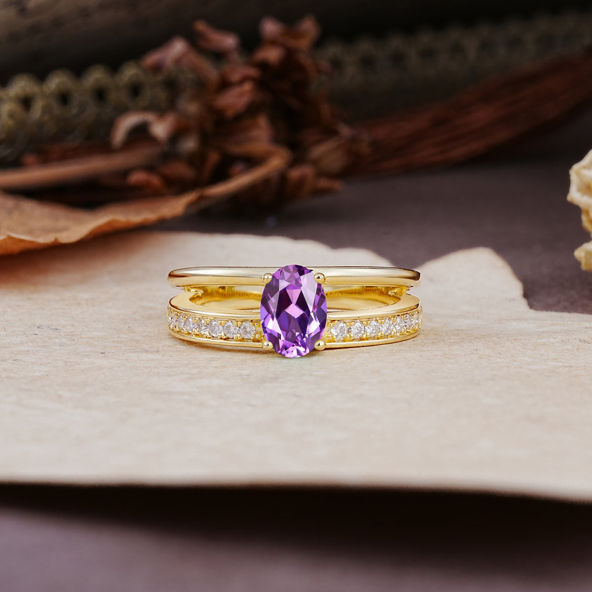 Luxurious Double-Row Pavé, 4-Prong, Oval Cut Amethyst Engagement Ring - Additional view