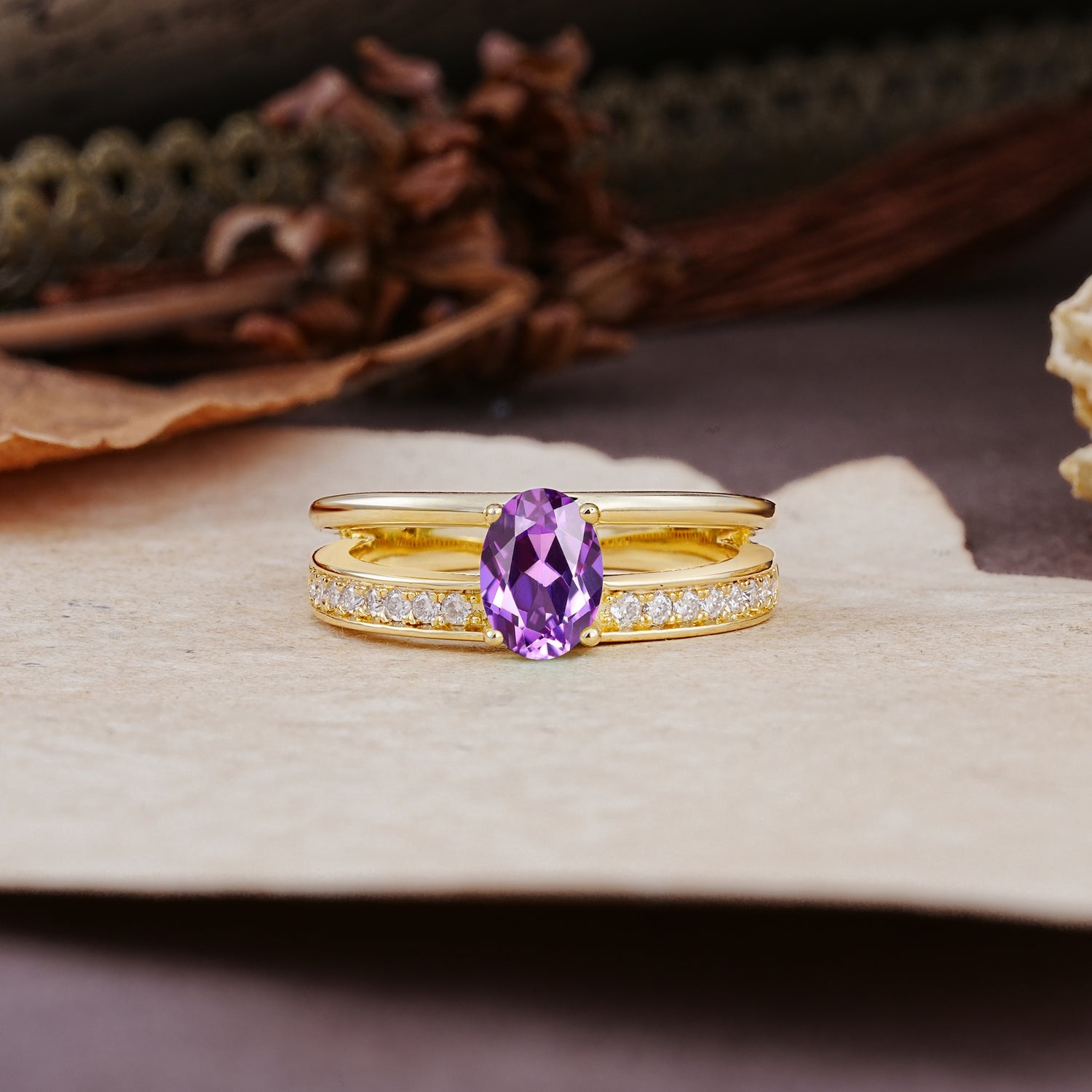 Luxurious Double-Row Pavé, 4-Prong, Oval Cut Amethyst Engagement Ring - Additional view