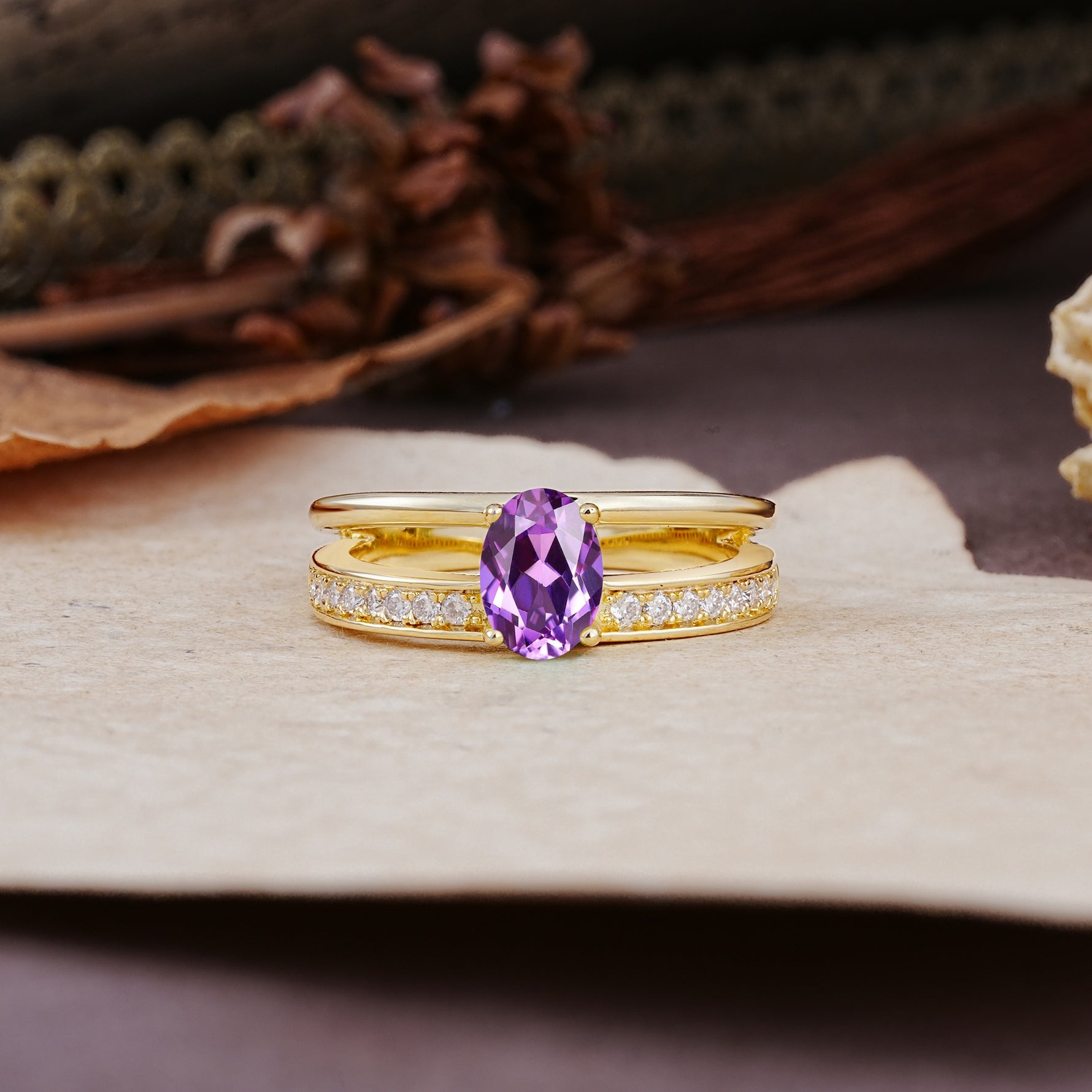 Luxurious Double-Row Pavé, 4-Prong, Oval Cut Amethyst Engagement Ring - Additional view