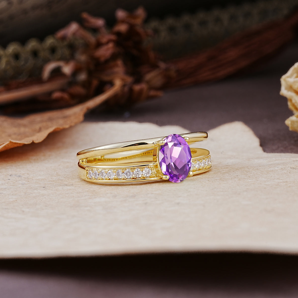 Luxurious Double-Row Pavé, 4-Prong, Oval Cut Amethyst Engagement Ring - Additional view
