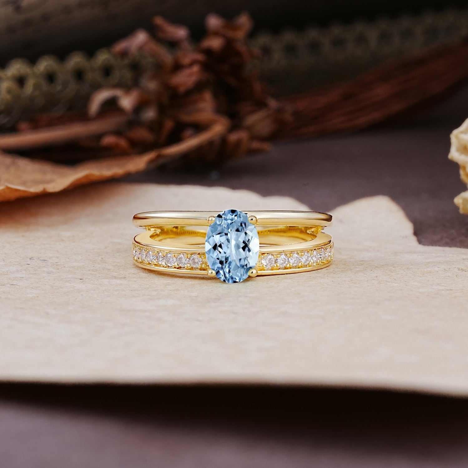 Luxurious Double-Row Pavé, 4-Prong, Oval Cut Aquamarine Engagement Ring