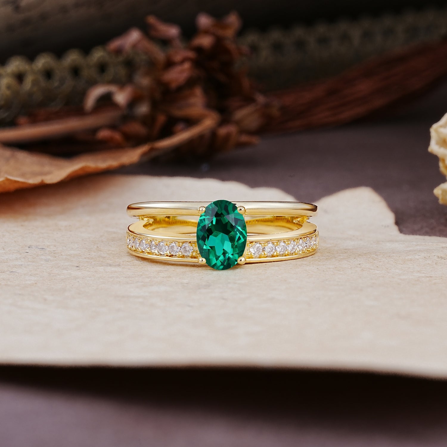 Luxurious Double-Row Pavé, 4-Prong, Oval Cut Emerald Engagement Ring - Additional view