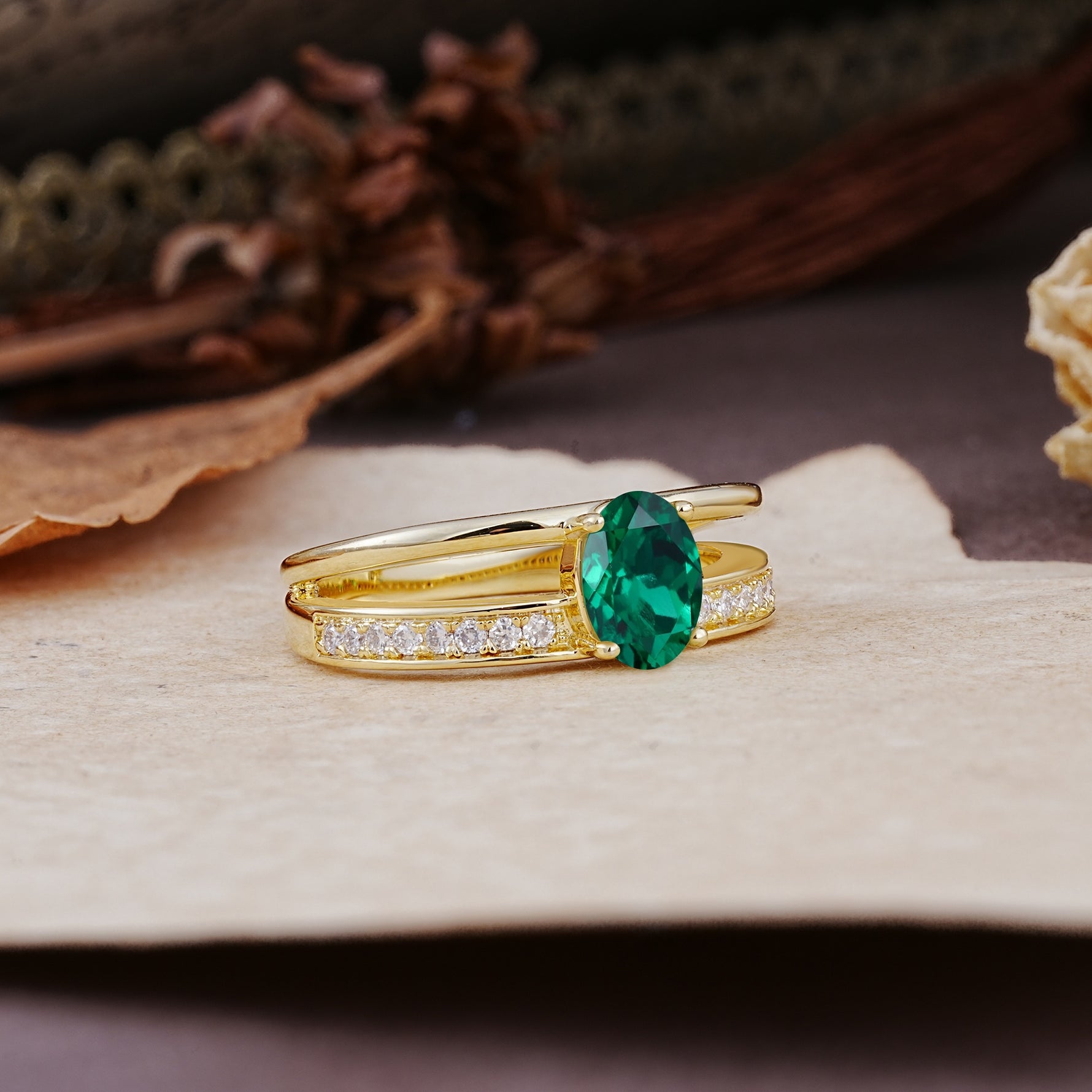 Luxurious Double-Row Pavé, 4-Prong, Oval Cut Emerald Engagement Ring - Additional view