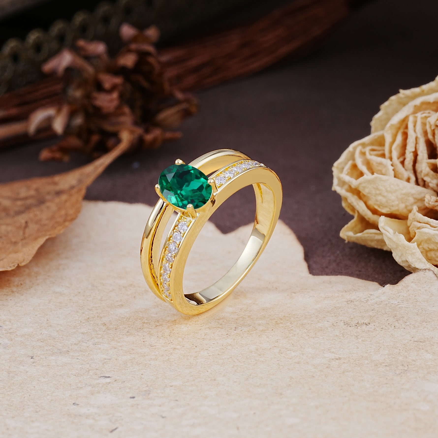 Luxurious Double-Row Pavé, 4-Prong, Oval Cut Emerald Engagement Ring - Additional view