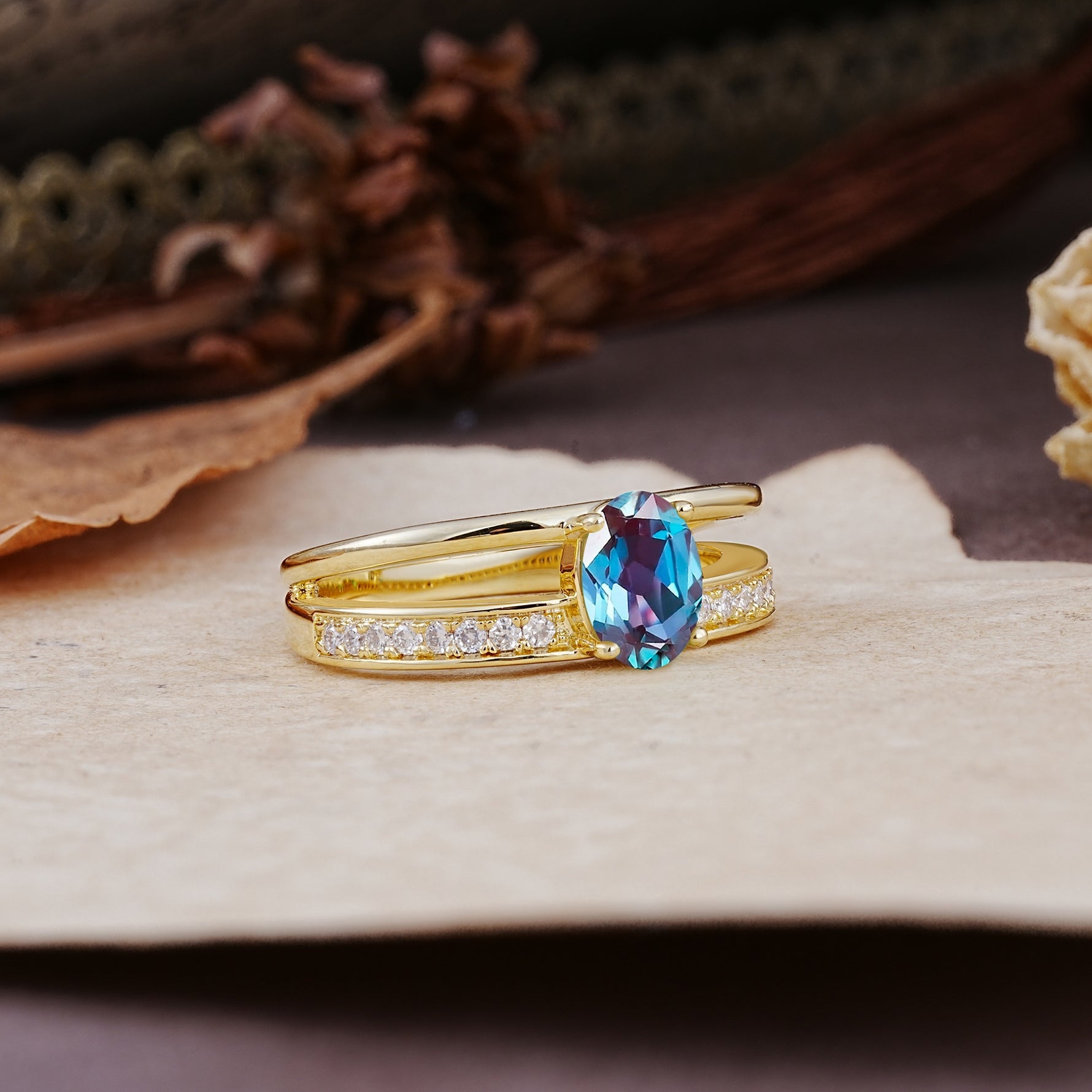 Luxurious Double-Row Pavé, 4-Prong, Oval Cut Alexandrite Engagement Ring - Additional view