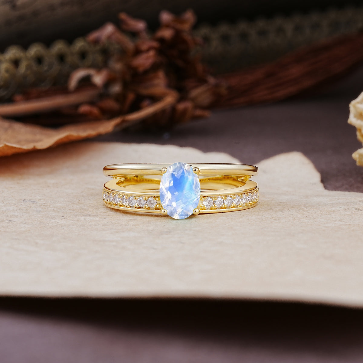 Luxurious Double-Row Pavé, 4-Prong, Oval Cut Moonstone Engagement Ring - Additional view