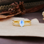 Luxurious Double-Row Pavé, 4-Prong, Oval Cut Moonstone Engagement Ring - Additional view