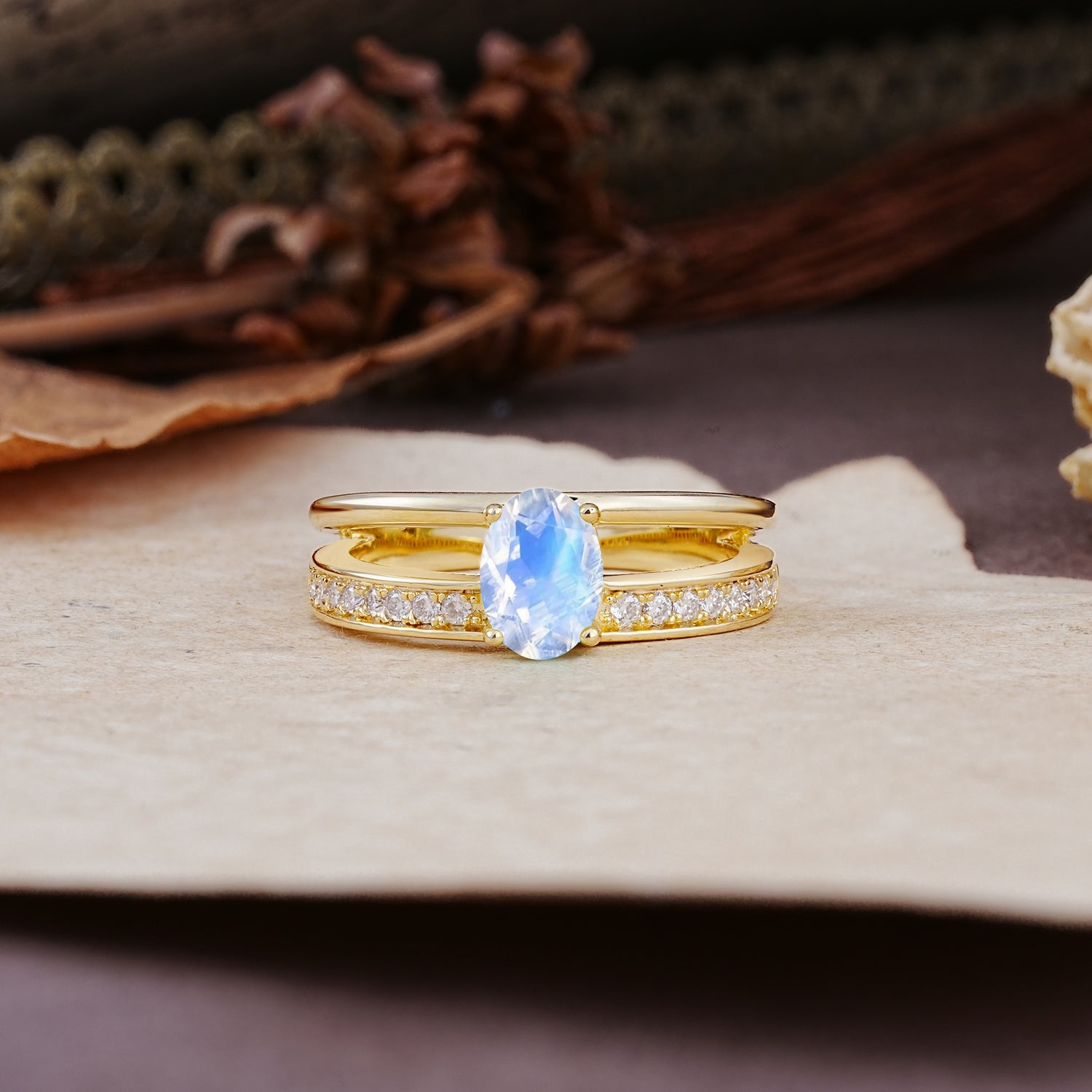 Luxurious Double-Row Pavé, 4-Prong, Oval Cut Moonstone Engagement Ring - Additional view
