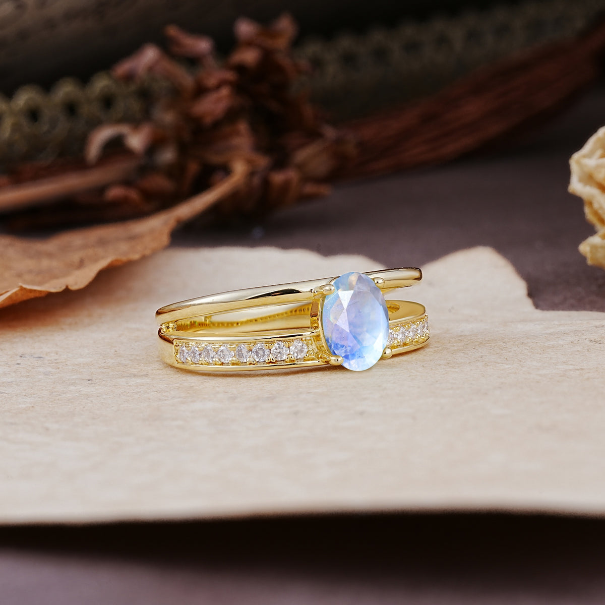 Luxurious Double-Row Pavé, 4-Prong, Oval Cut Moonstone Engagement Ring - Additional view