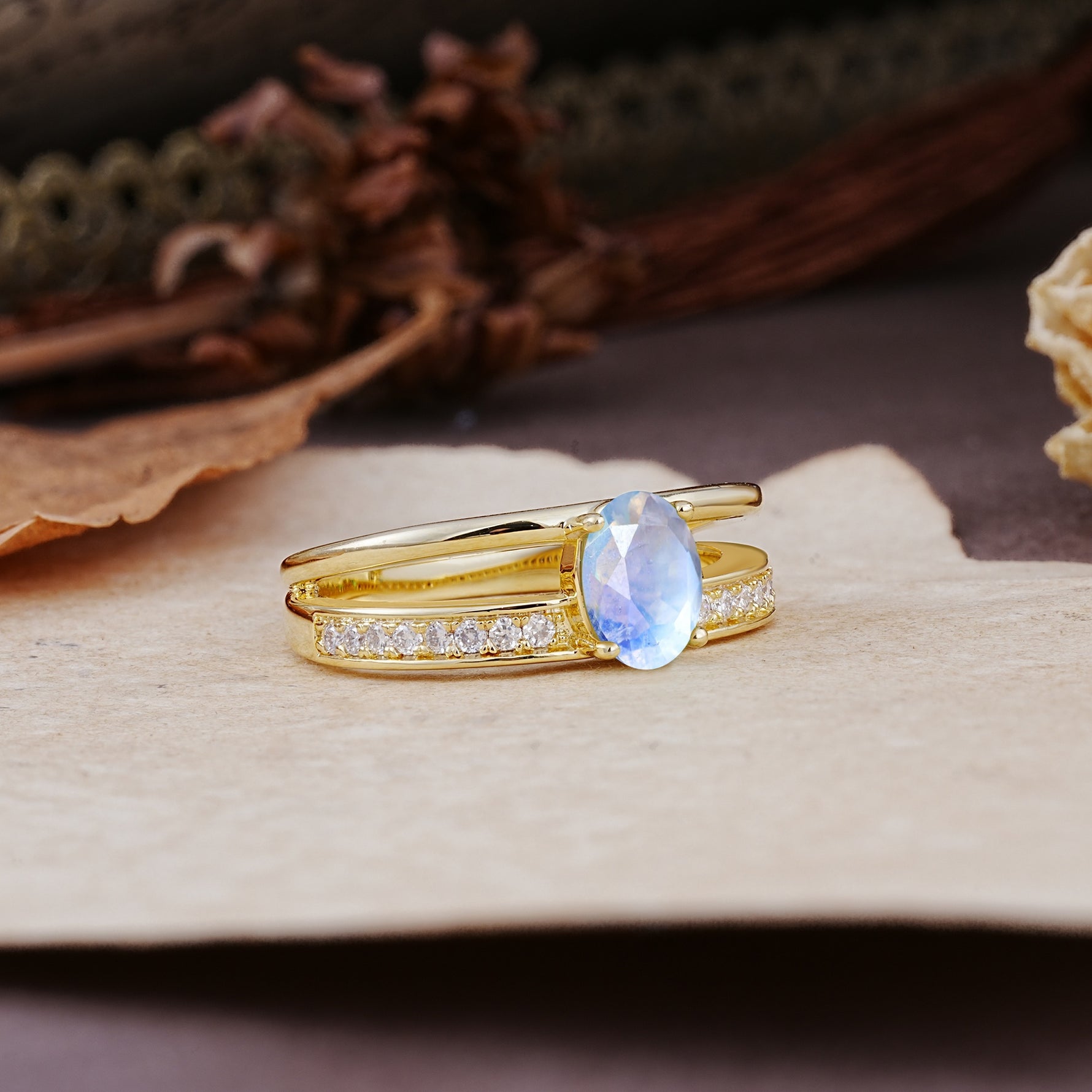 Luxurious Double-Row Pavé, 4-Prong, Oval Cut Moonstone Engagement Ring - Additional view