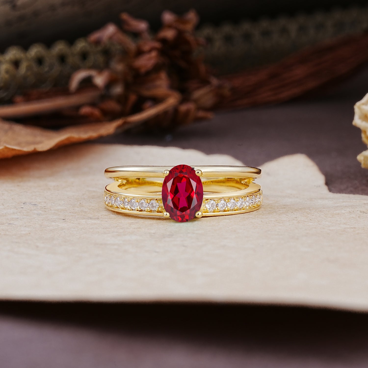 Luxurious Double-Row Pavé, 4-Prong, Oval Cut Ruby Engagement Ring - Additional view