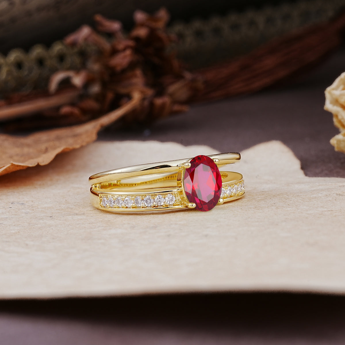 Luxurious Double-Row Pavé, 4-Prong, Oval Cut Ruby Engagement Ring - Additional view