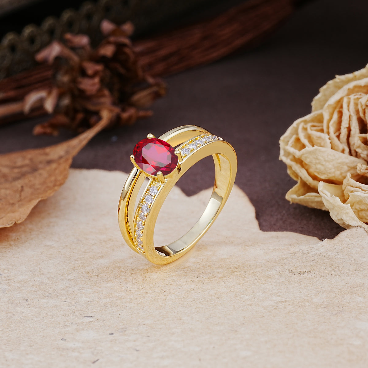 Luxurious Double-Row Pavé, 4-Prong, Oval Cut Ruby Engagement Ring - Additional view