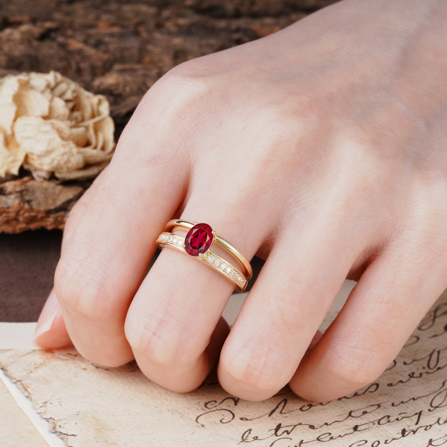 Luxurious Double-Row Pavé, 4-Prong, Oval Cut Ruby Engagement Ring - Additional view