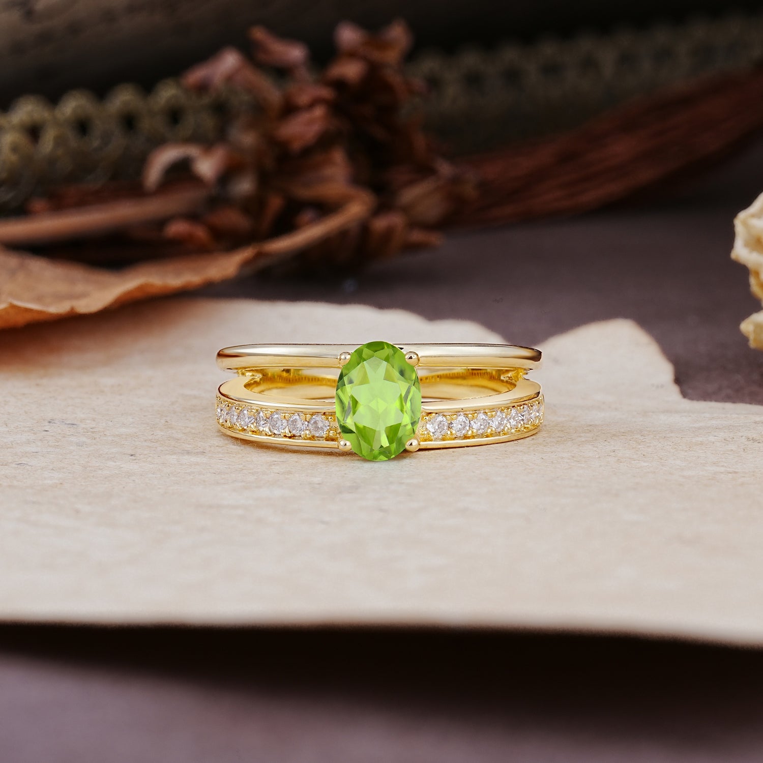 Luxurious Double-Row Pavé, 4-Prong, Oval Cut Peridot Engagement Ring - Additional view