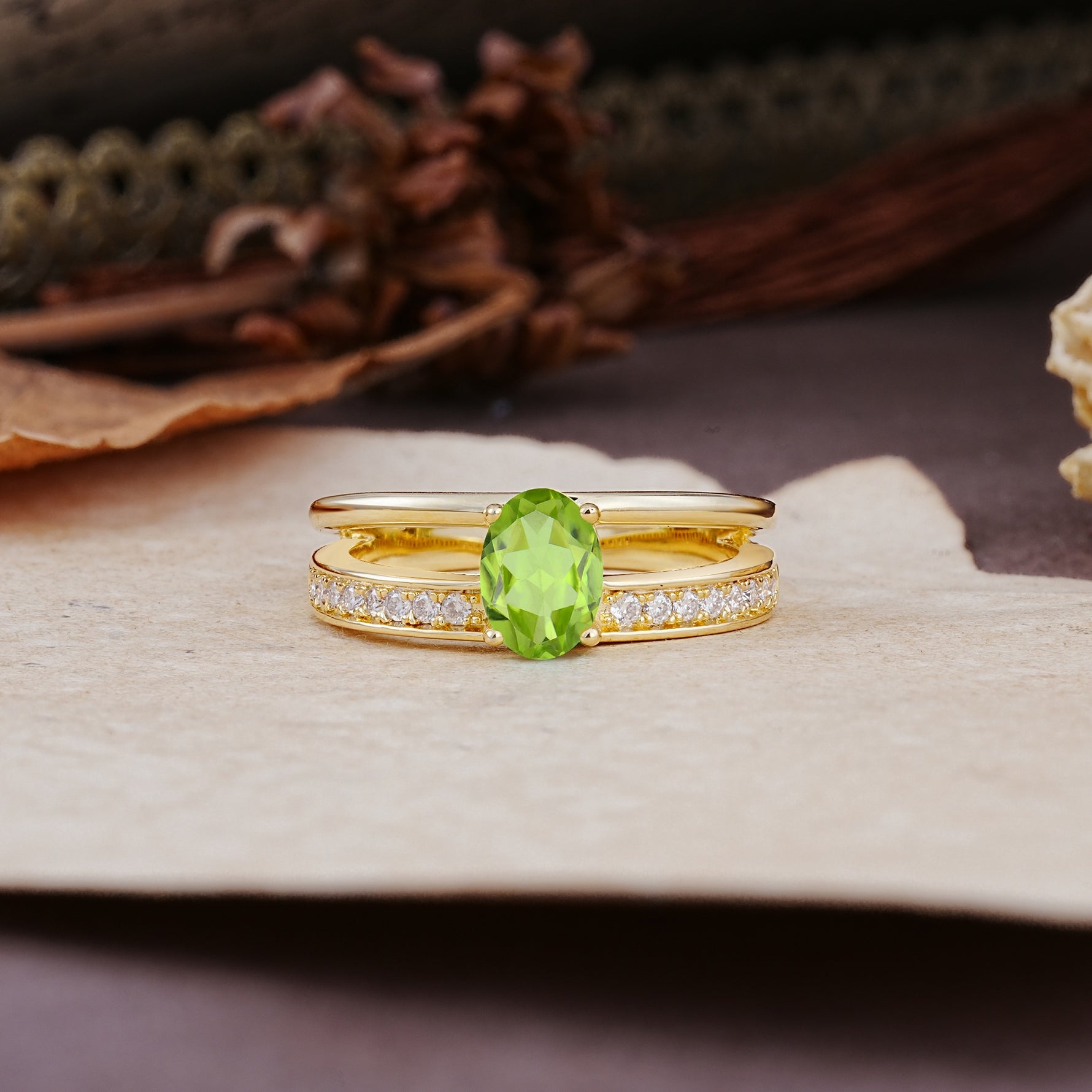 Luxurious Double-Row Pavé, 4-Prong, Oval Cut Peridot Engagement Ring - Additional view