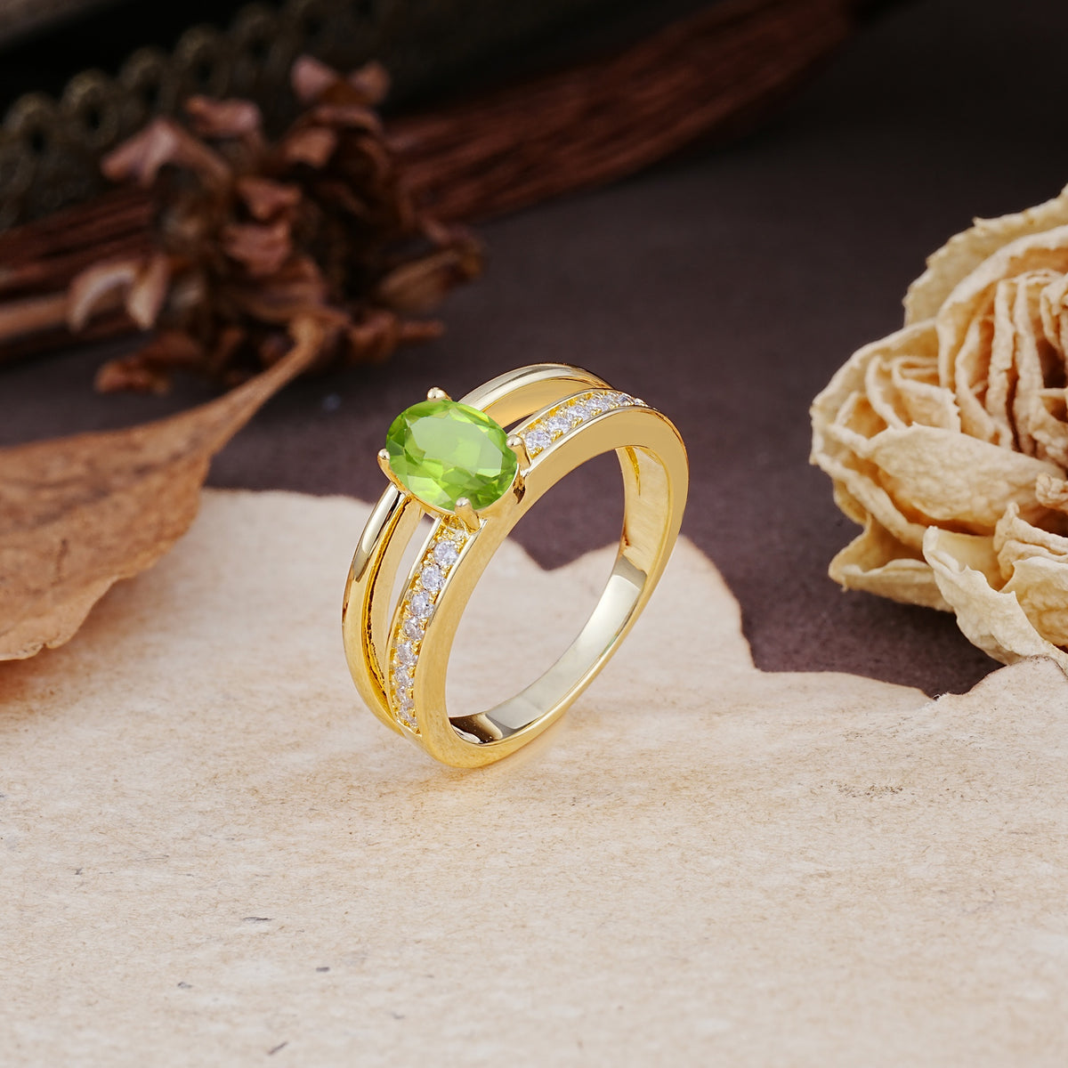 Luxurious Double-Row Pavé, 4-Prong, Oval Cut Peridot Engagement Ring - Additional view